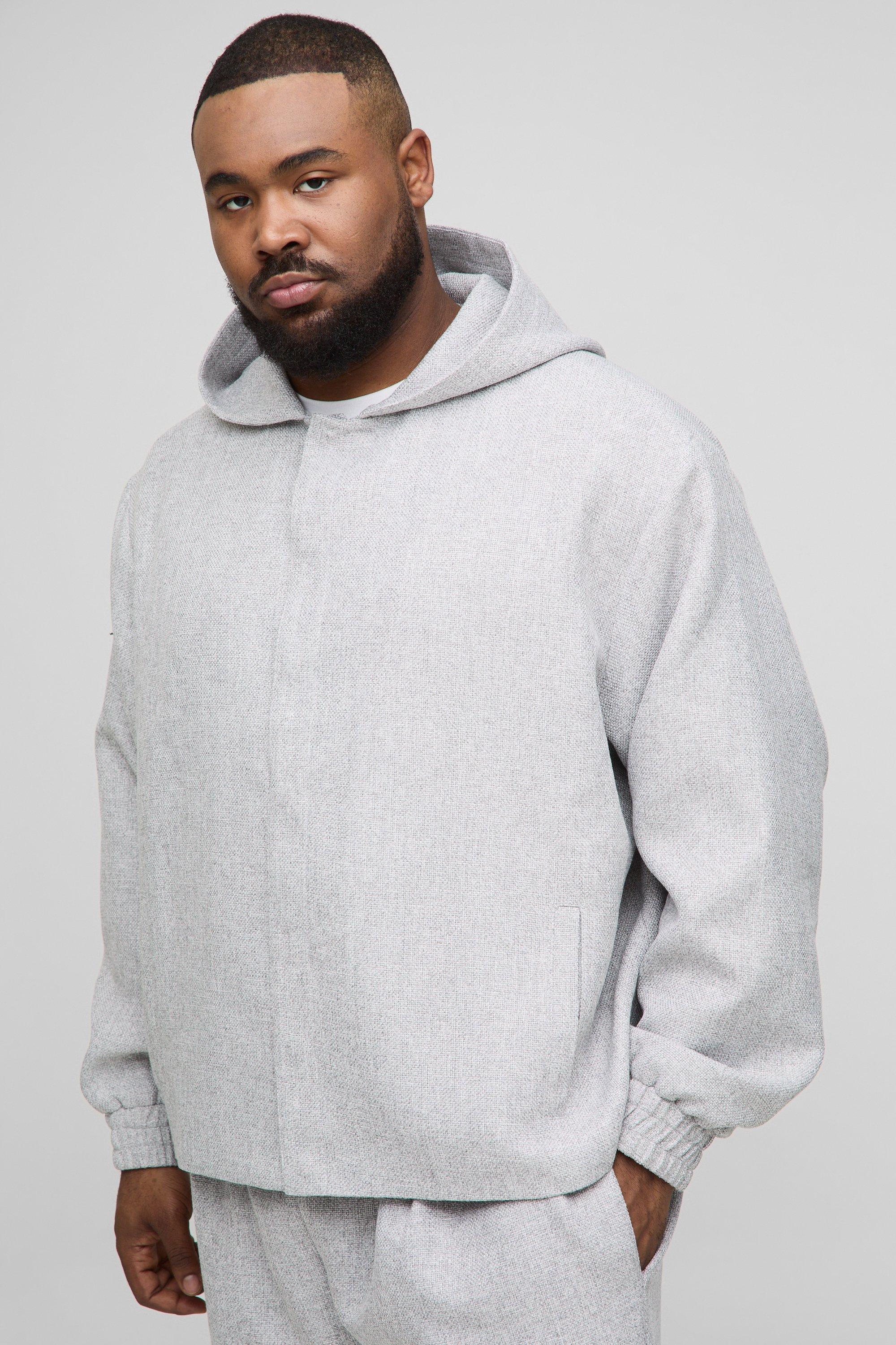 Mens Grey Plus Oversized Boucle Hooded Button Up Overshirt, Grey