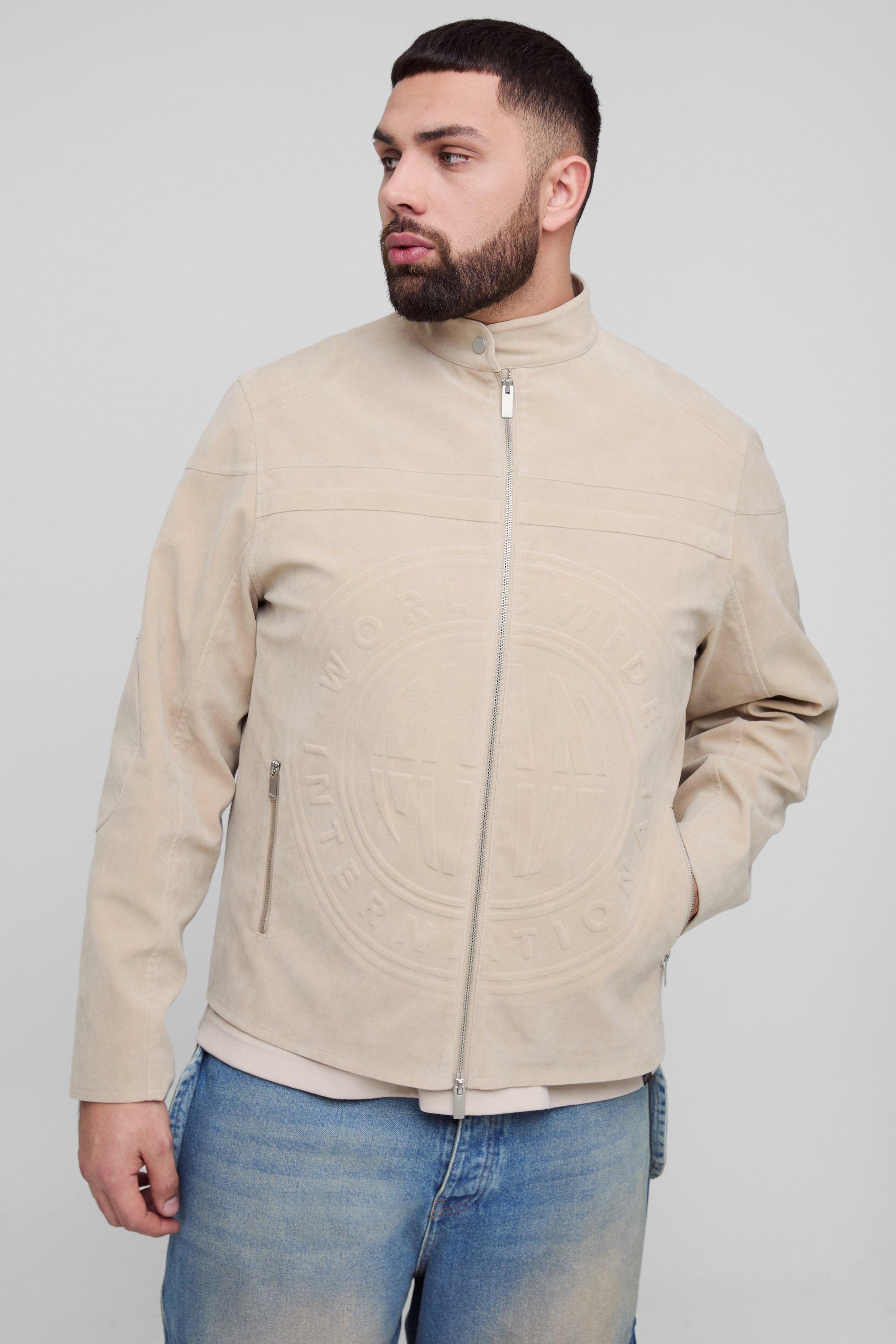 Giacca da Biker Plus Size in scamosciato sintetico con incisioni in rilievo, Beige