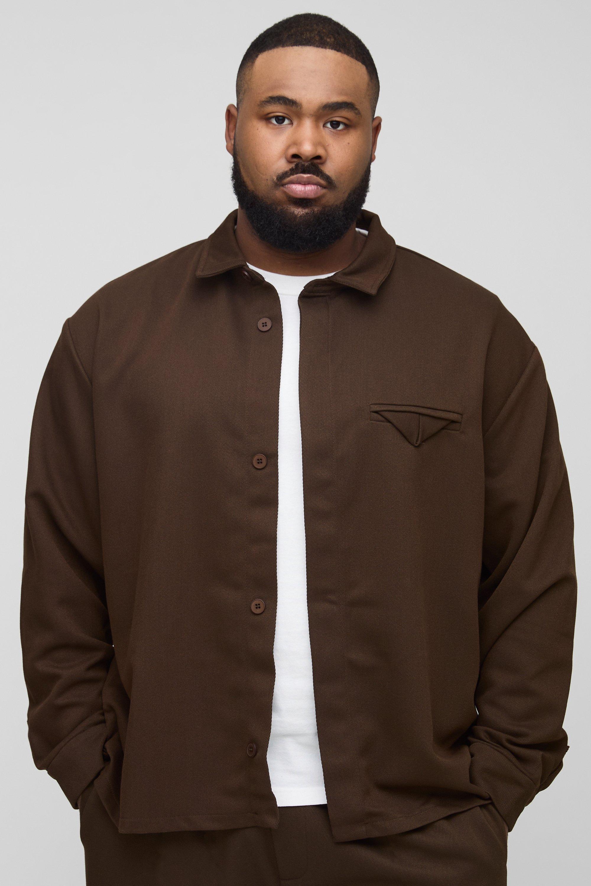 Mens Brown Plus Regular Fit Twill Pocket Detail Overshirt, Brown