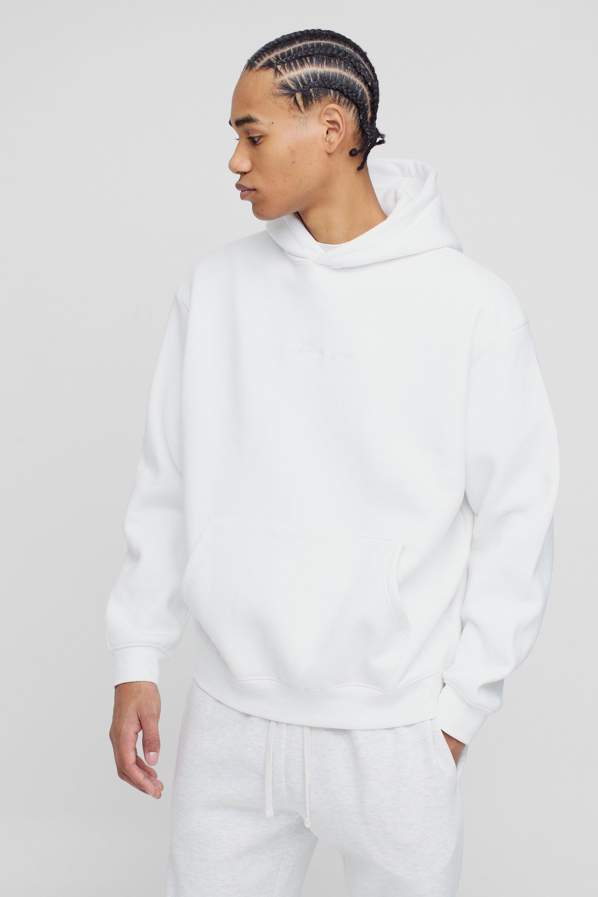 Mens White 330GSM Oversized BM Signature Over The Head Hoodie, White