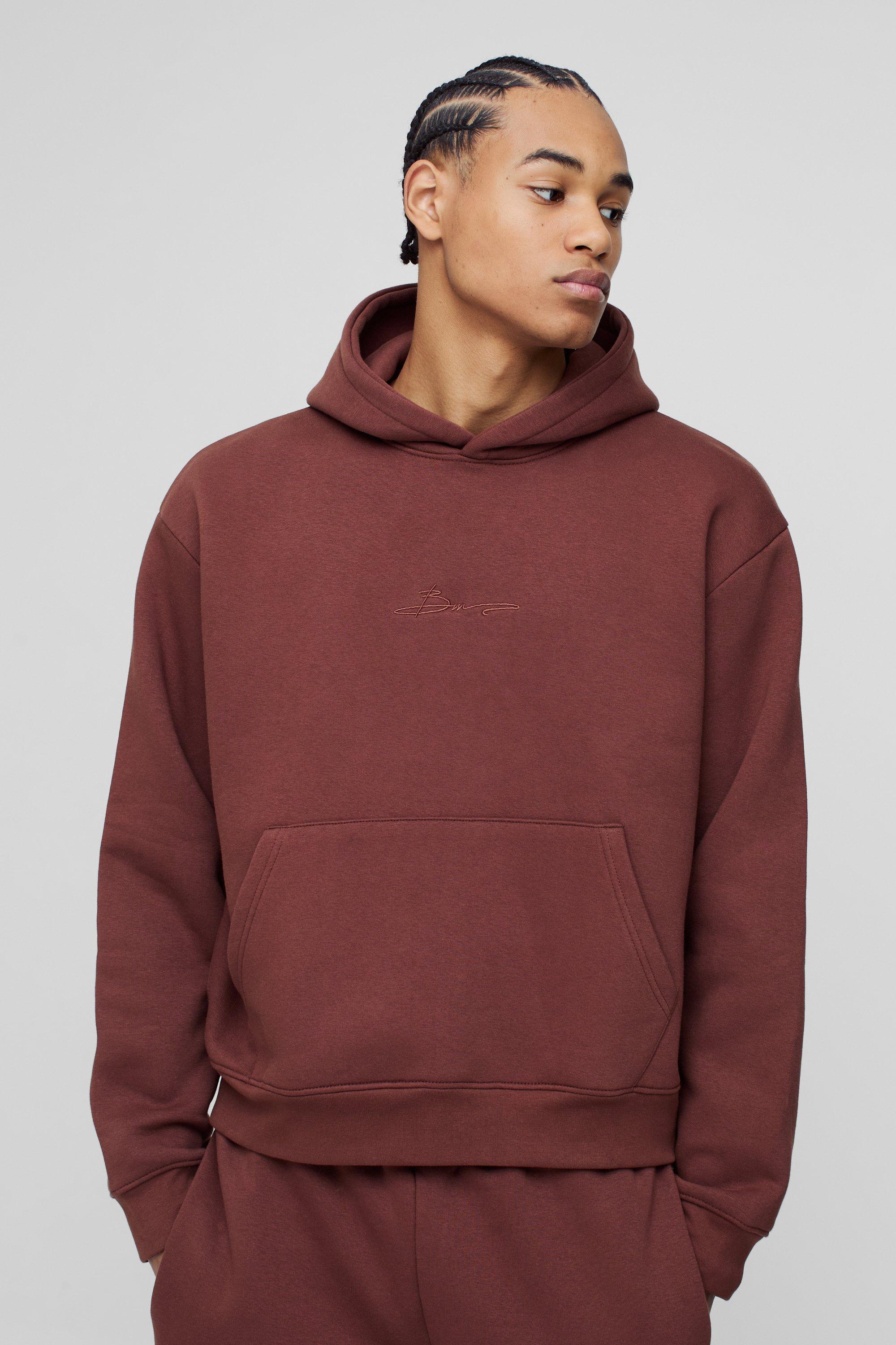 Mens Brown 330GSM Oversized Boxy BM Signature Hoodie, Brown