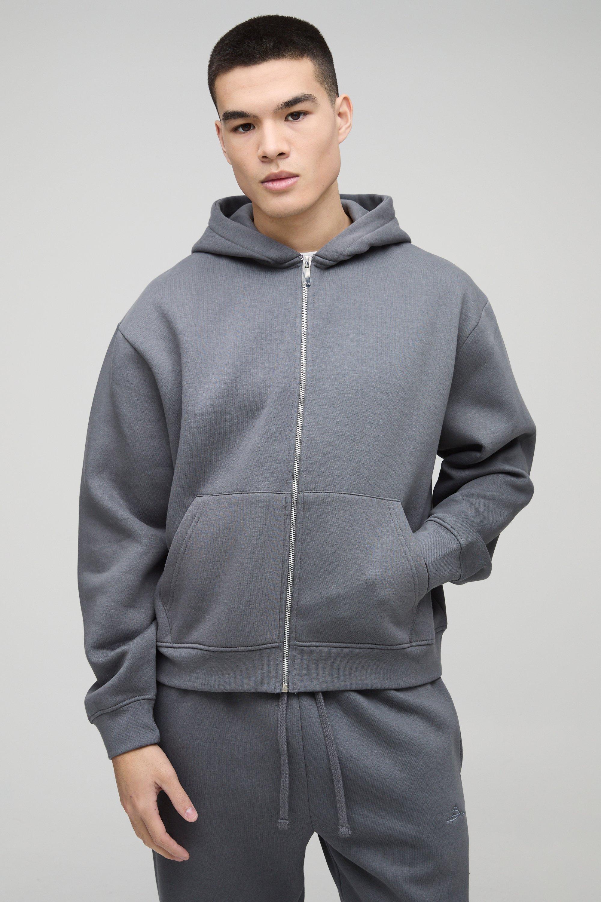 Mens Grey 330GSM Oversized Boxy Zip Through Hoodie, Grey