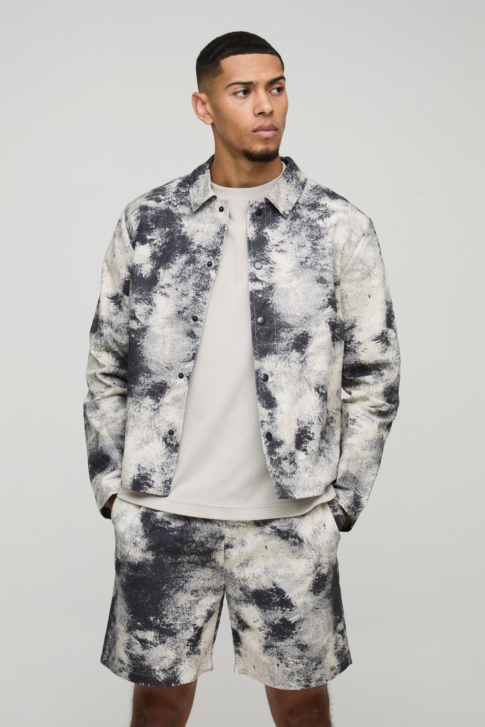 Sovracamicia oversize in twill con stampa astratta, Nero