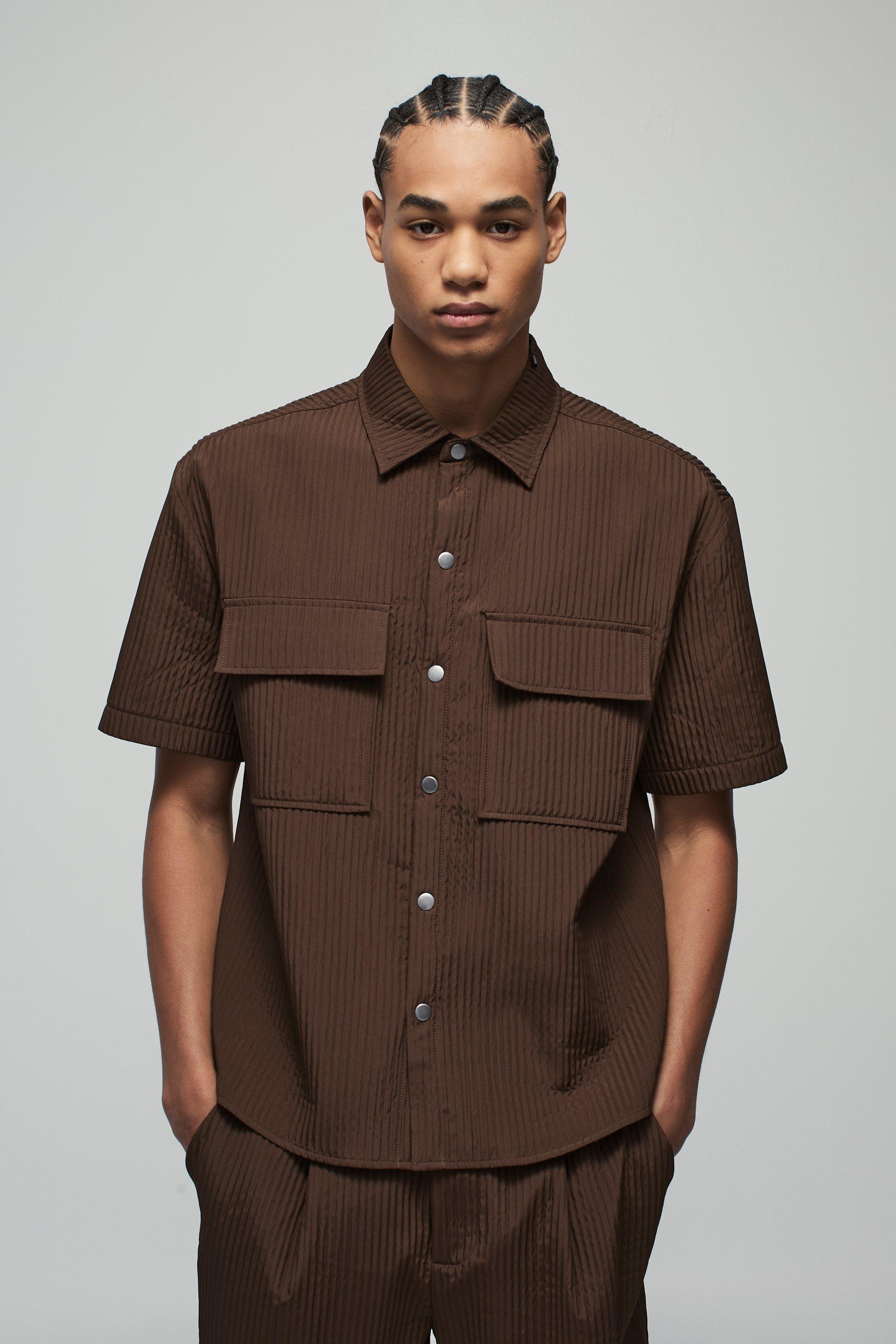 Camicia tecnica oversize con pieghe e tasche Cargo, Brown