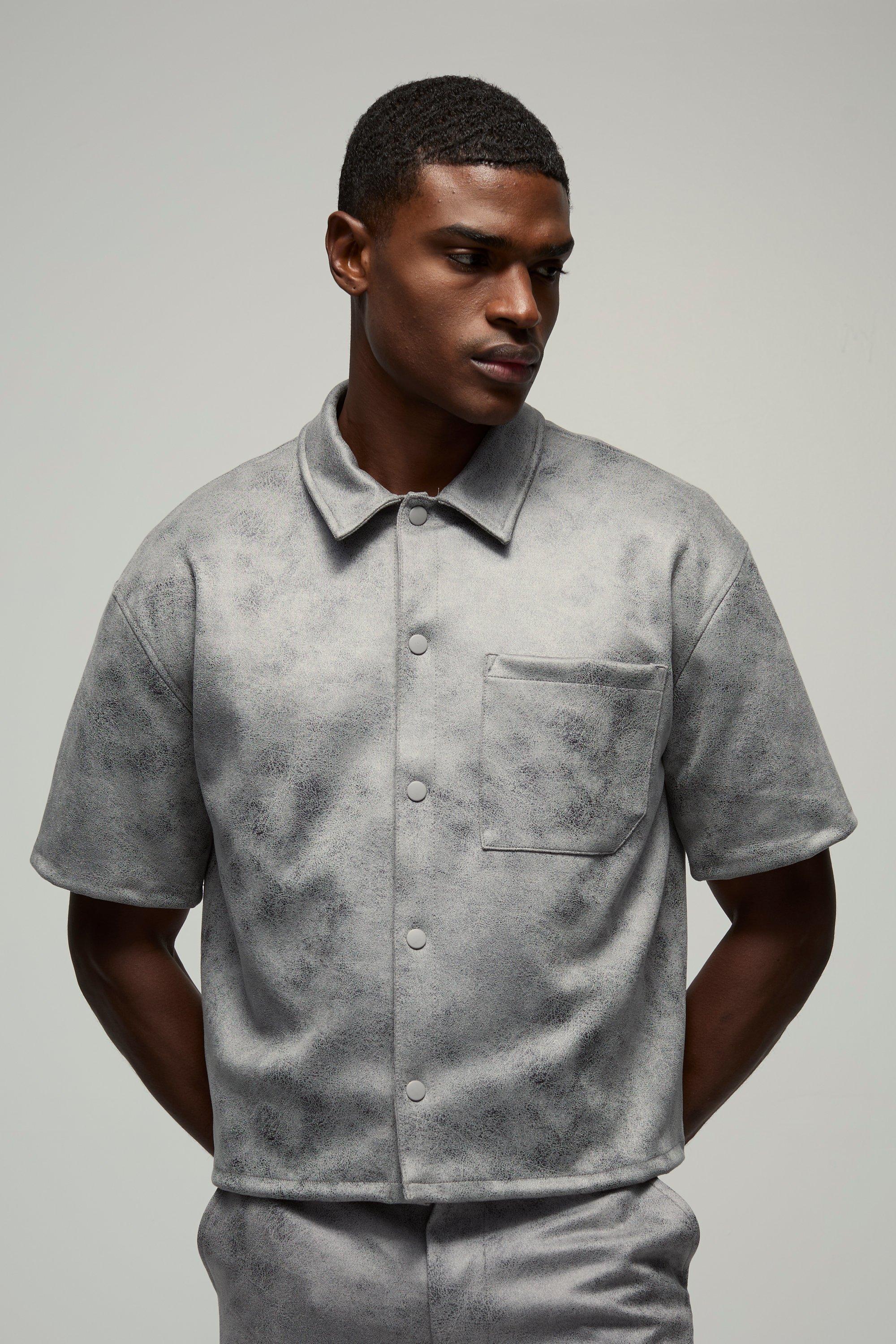 Camicia oversize in suedette anticate, Grigio