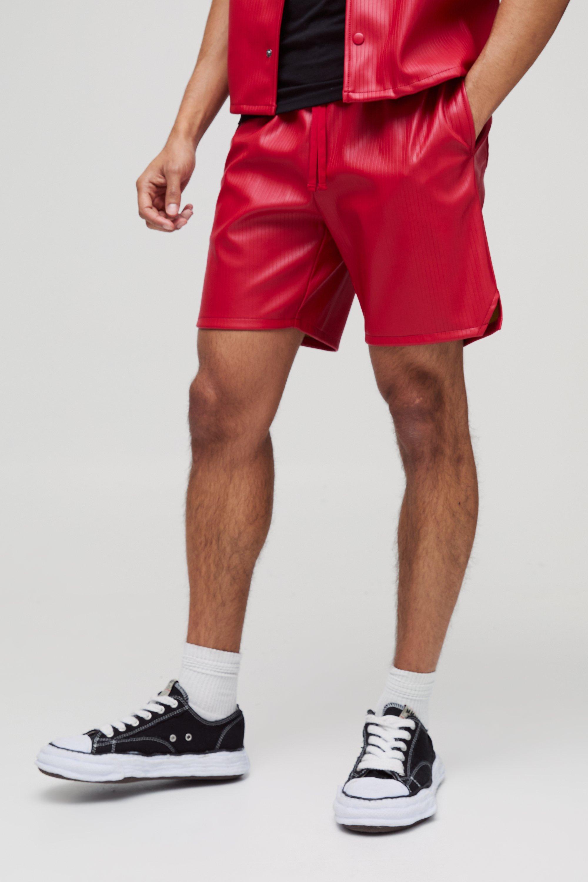 Mens Red Relaxed Fit Embossed Pleated PU Short, Red