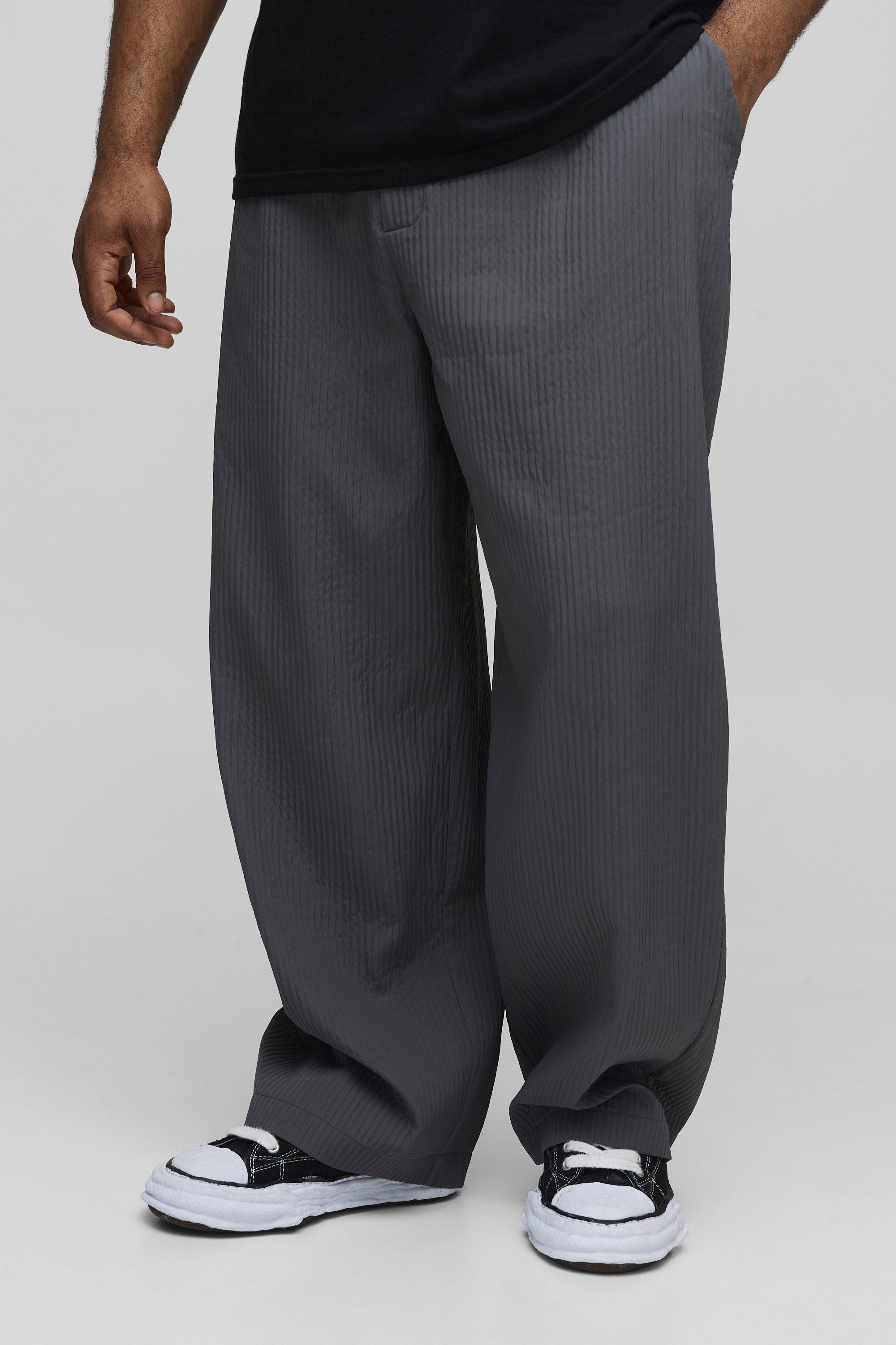 Mens Grey Plus Technical Pleated Relaxed Trousers, Grey