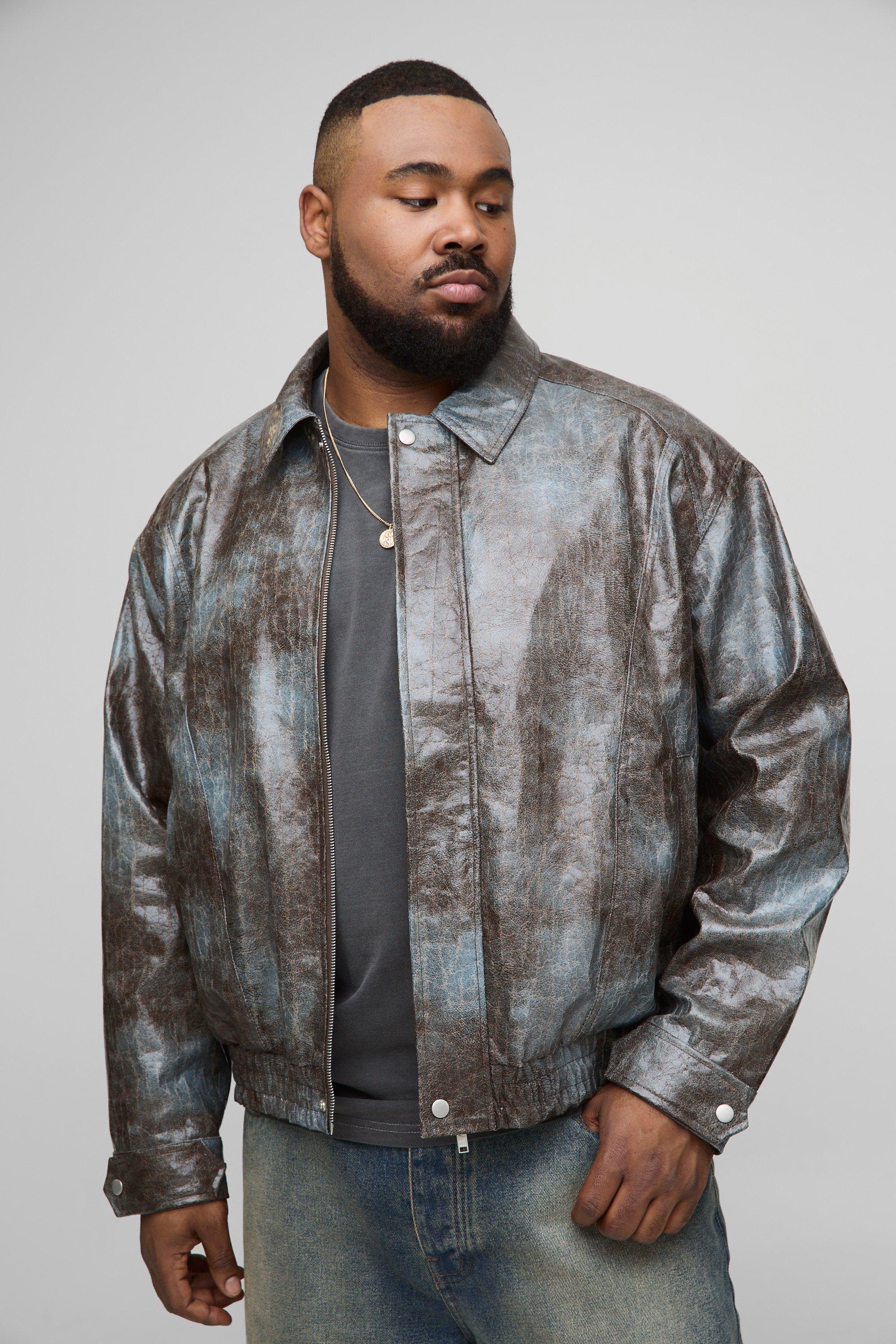 Giacca Bomber squadrata Plus Size in PU effetto pelle di serpente in fantasia tie dye, Brown