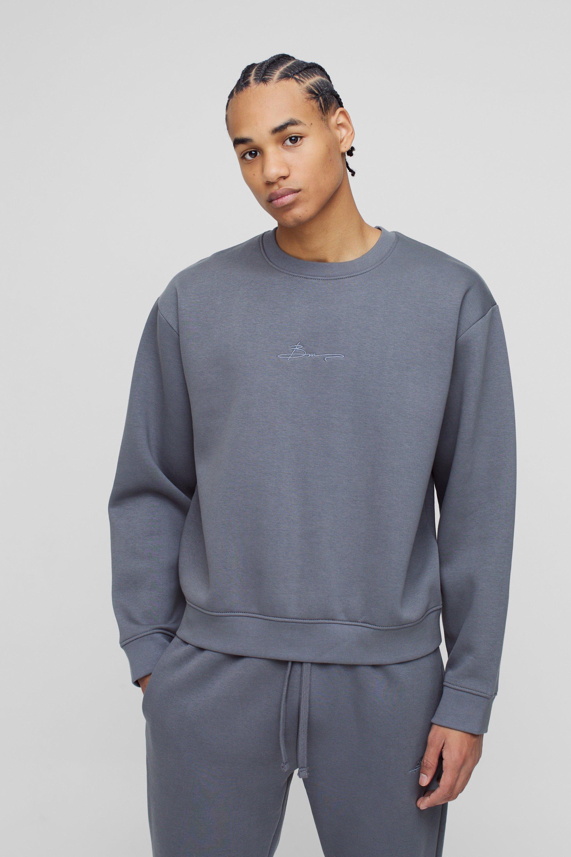 Mens Grey 330GSM Oversized BM Signature Boxy Sweatshirt, Grey