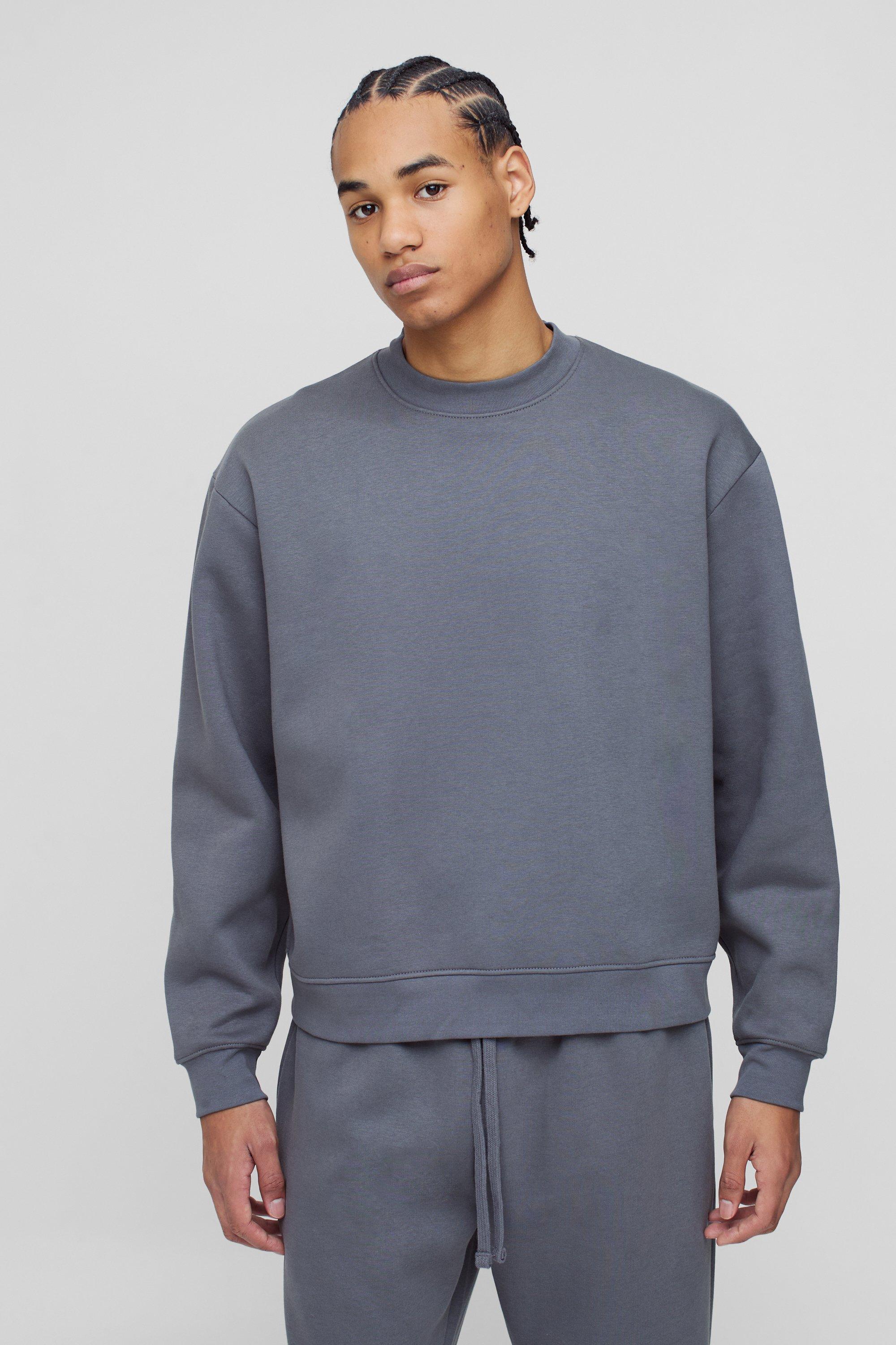 Mens Grey 330GSM Oversized Basic Boxy Extended Neck Sweatshirt, Grey