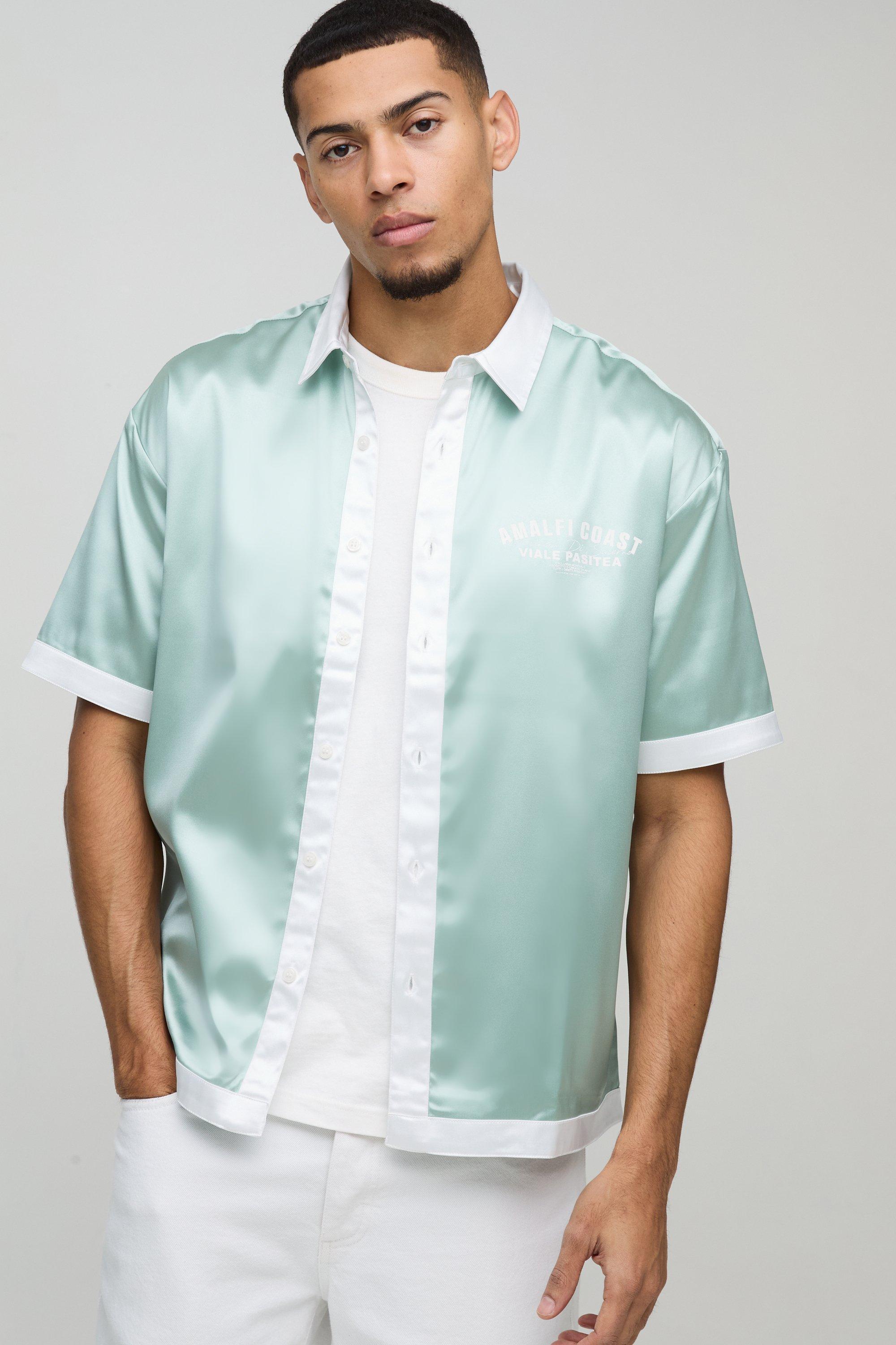 Camicia oversize in raso con stampa Amalfi e colletto, Verde