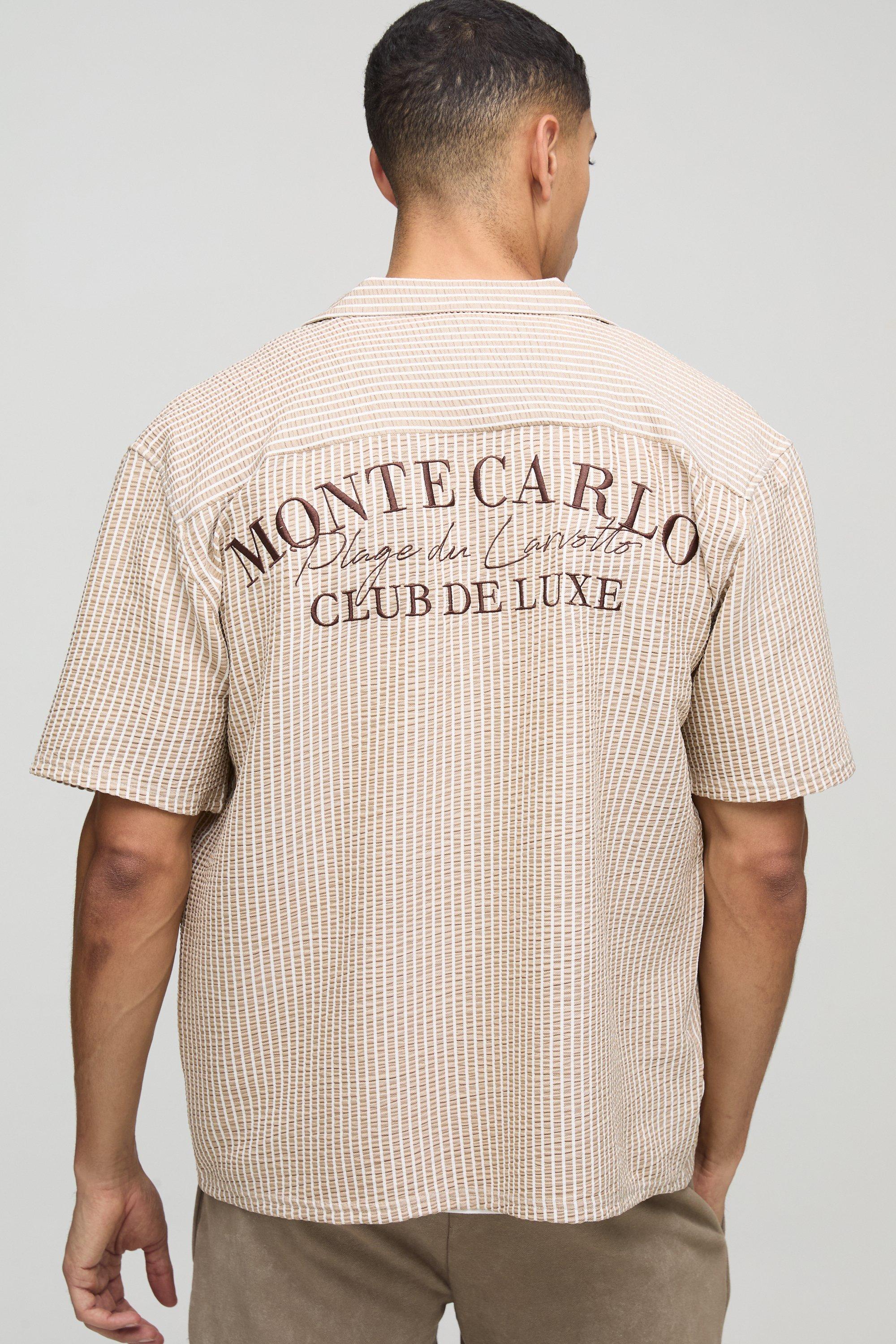 Mens Beige Oversized Embroidered Stripe Seersucker Revere Shirt, Beige