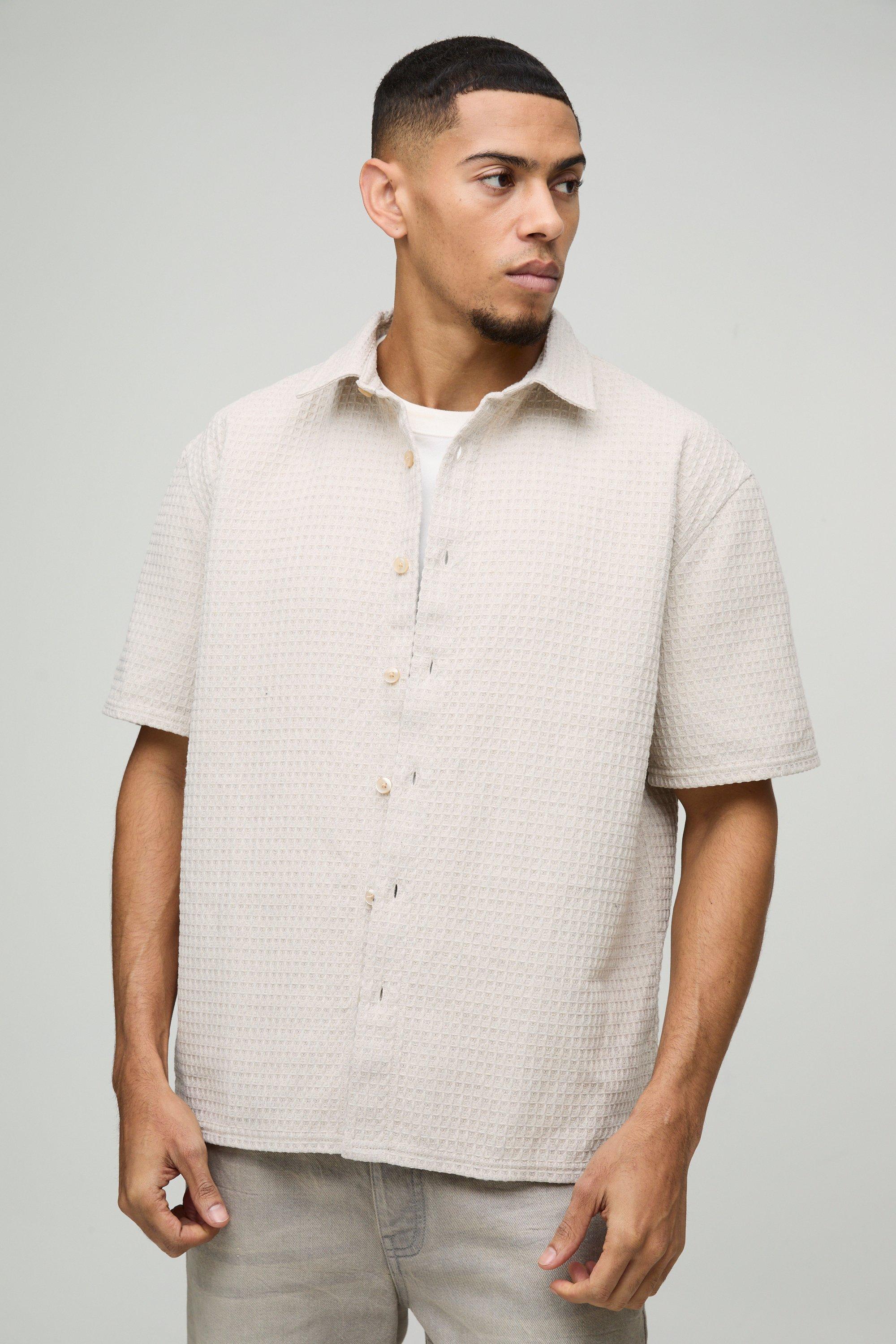 Mens Beige Oversized Waffle Collared Shirt, Beige