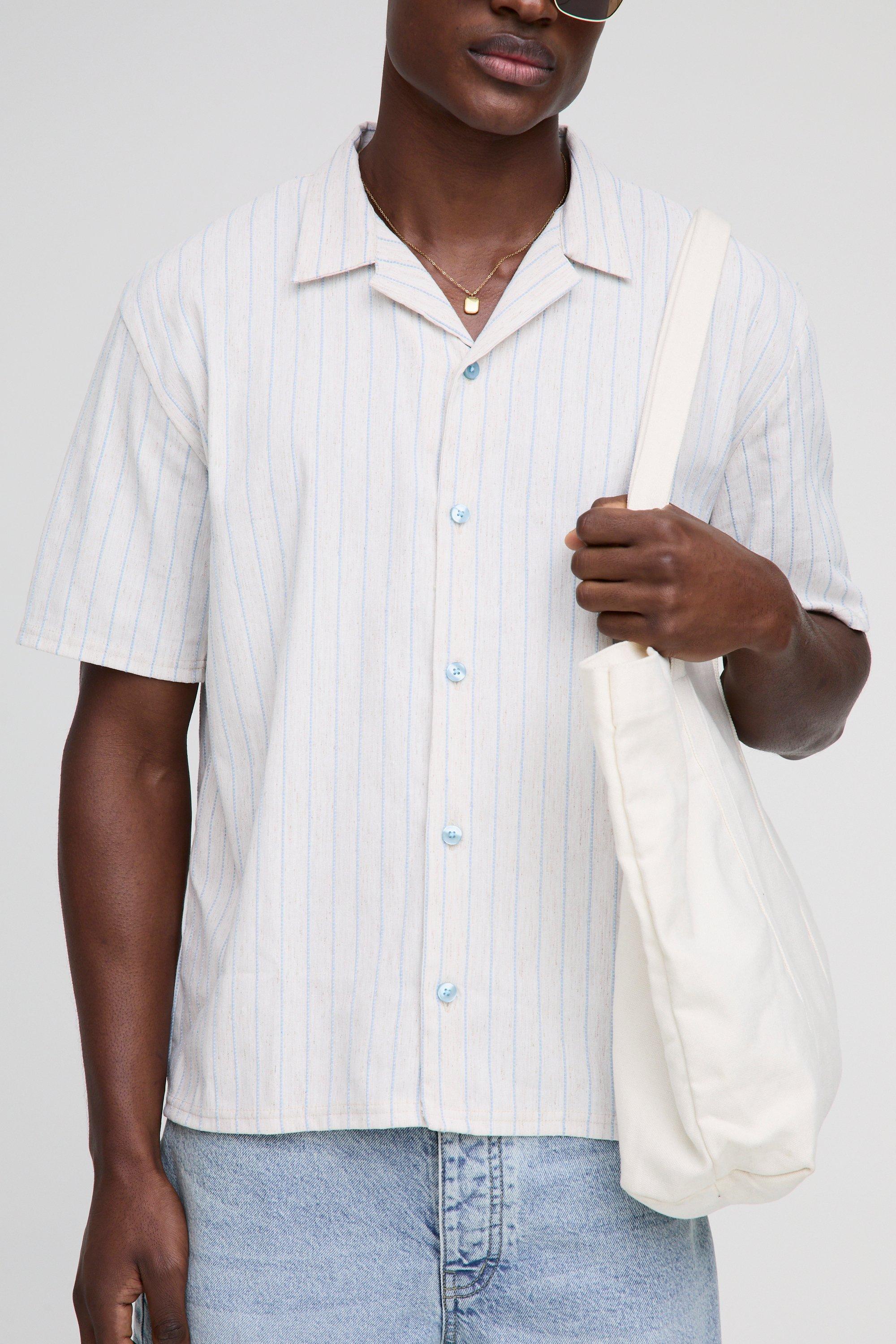 Camicia oversize effetto lino a righe blu con ricami e rever, Beige