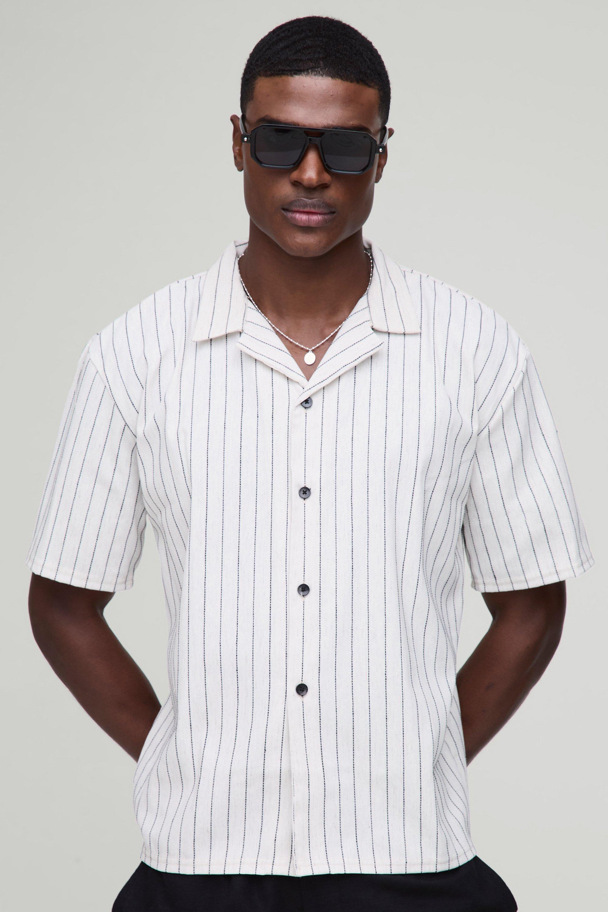 Mens Beige Oversized Linen Look Black Embroidery Striped Revere Shirt, Beige