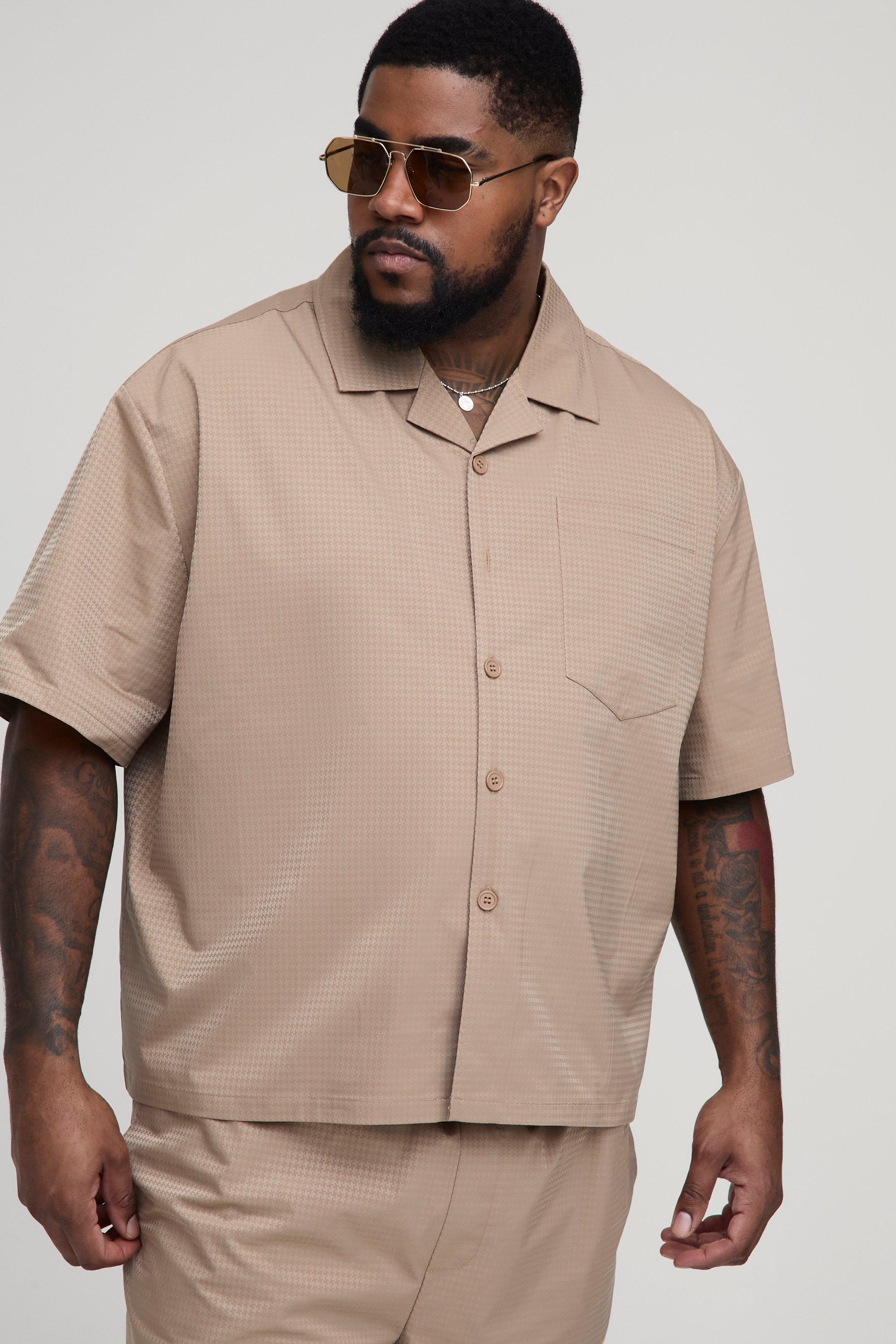 Mens Beige Plus Satin Jacquard Boxy Oversized Shirt, Beige