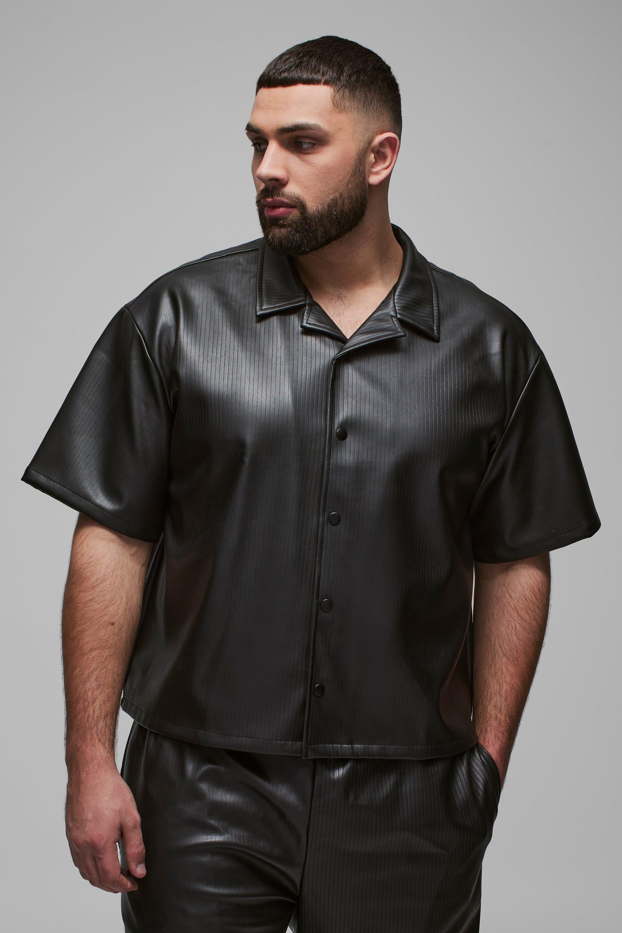 Mens Black Plus Pleated PU Boxy Oversized Shirt, Black
