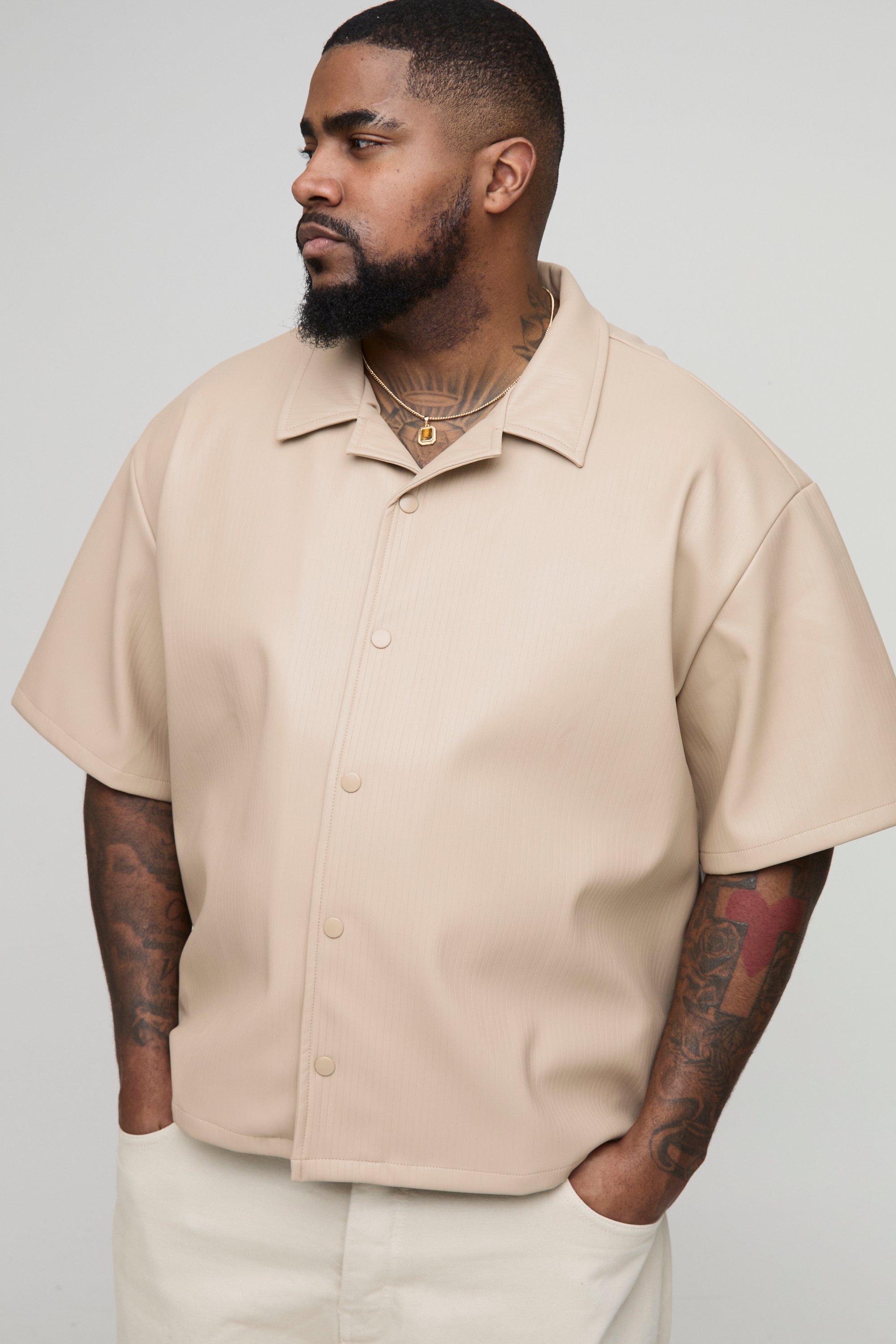 Mens Beige Plus Pleated PU Boxy Oversized Shirt, Beige