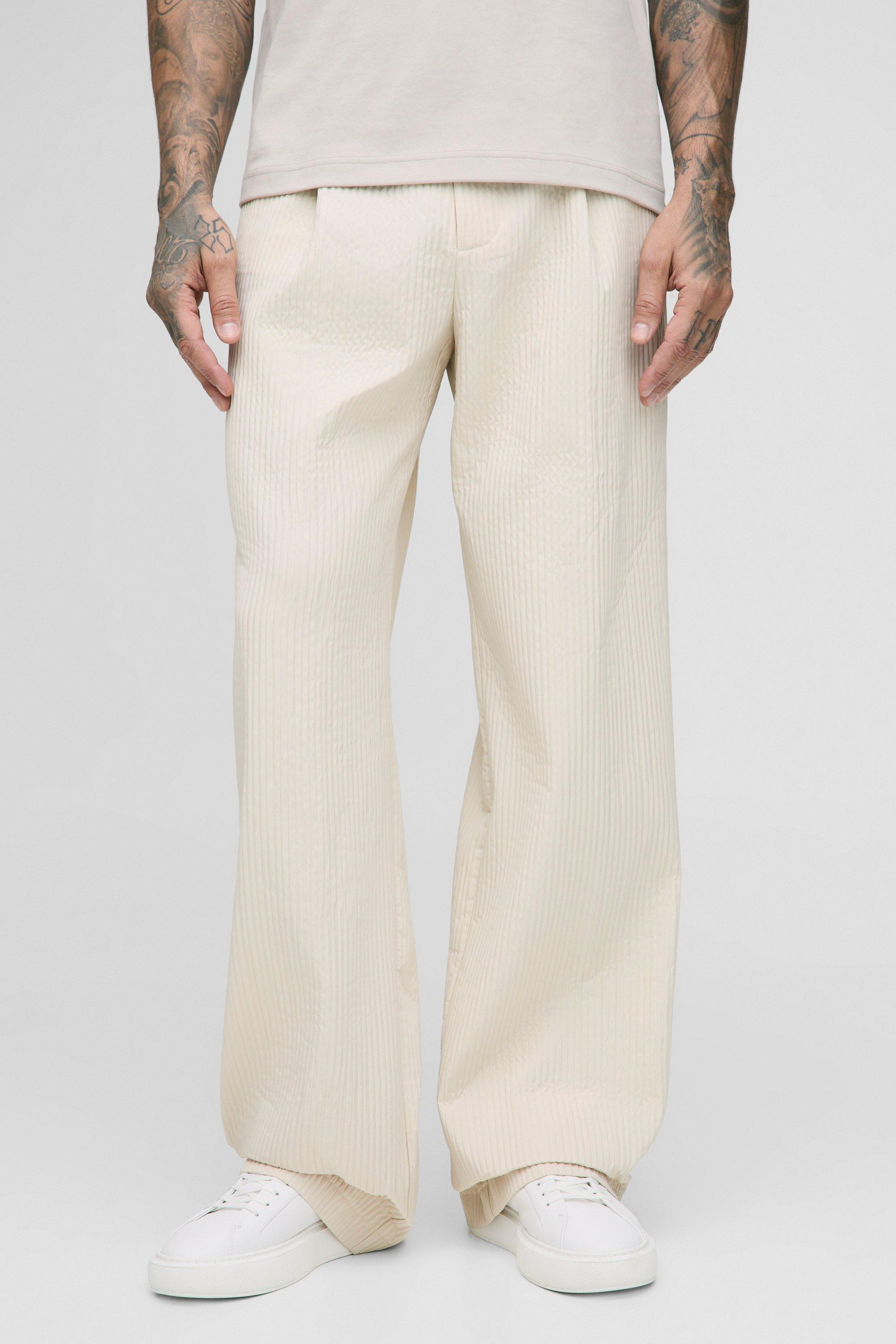 Mens Beige Tall Technical Pleated Relaxed Fit Trousers, Beige