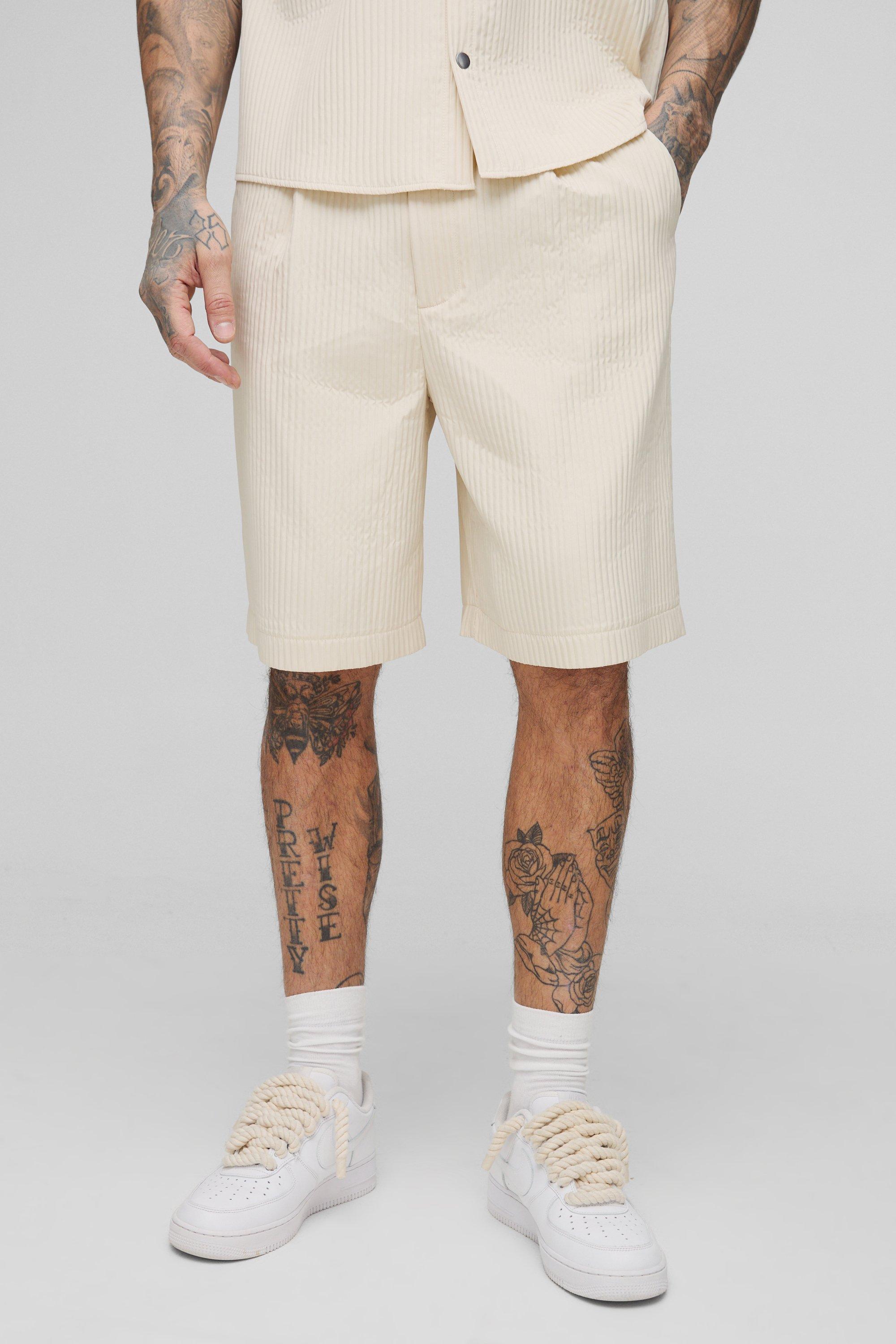 Mens Beige Tall Technical Pleated Relaxed Fit Shorts, Beige