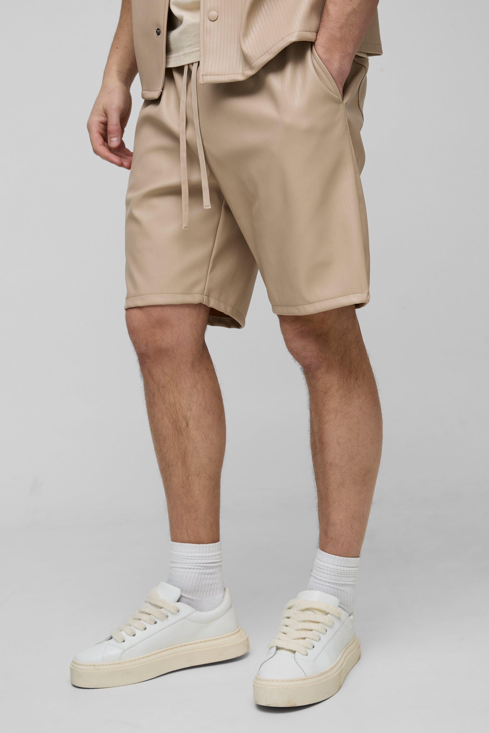 Mens Beige Tall Pleated PU Basketball Shorts, Beige