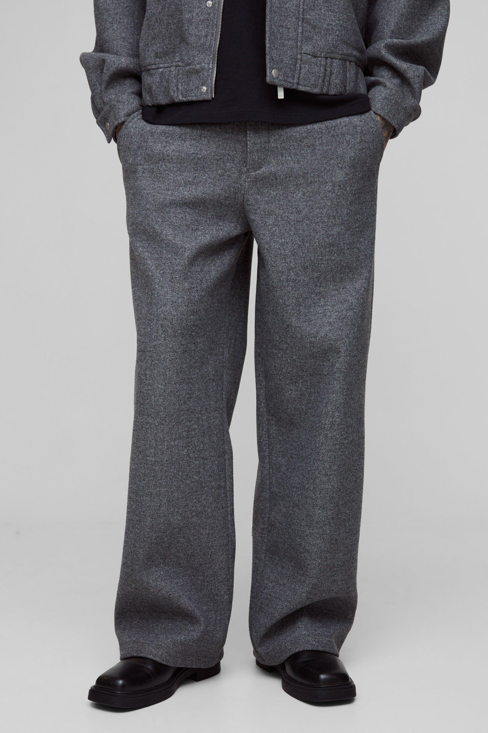 Mens Grey Tall Melton Tailored Wide Leg Trousers, Grey