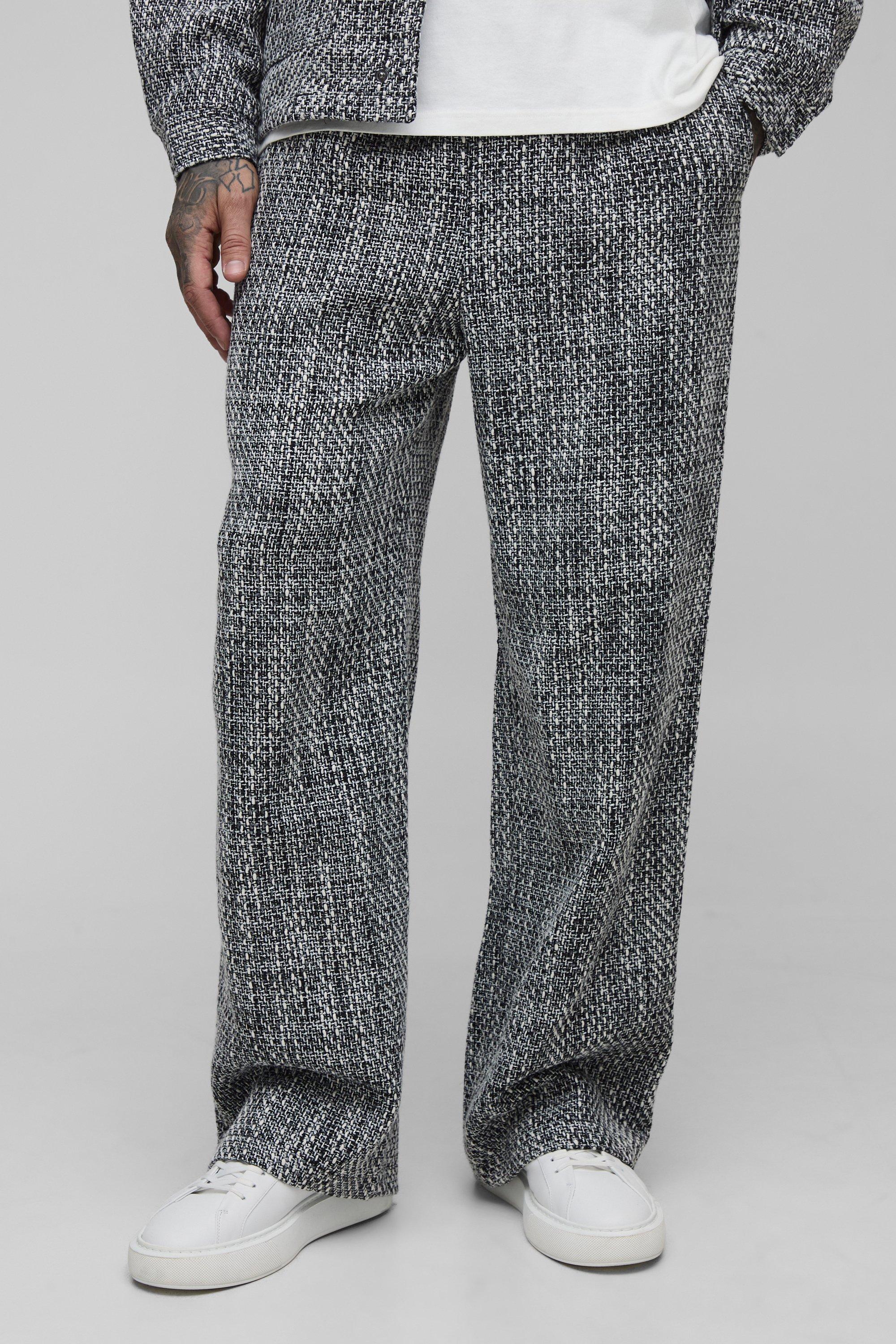 Mens Black Tall Boucle Elasticated Waist Wide Leg Trousers, Black