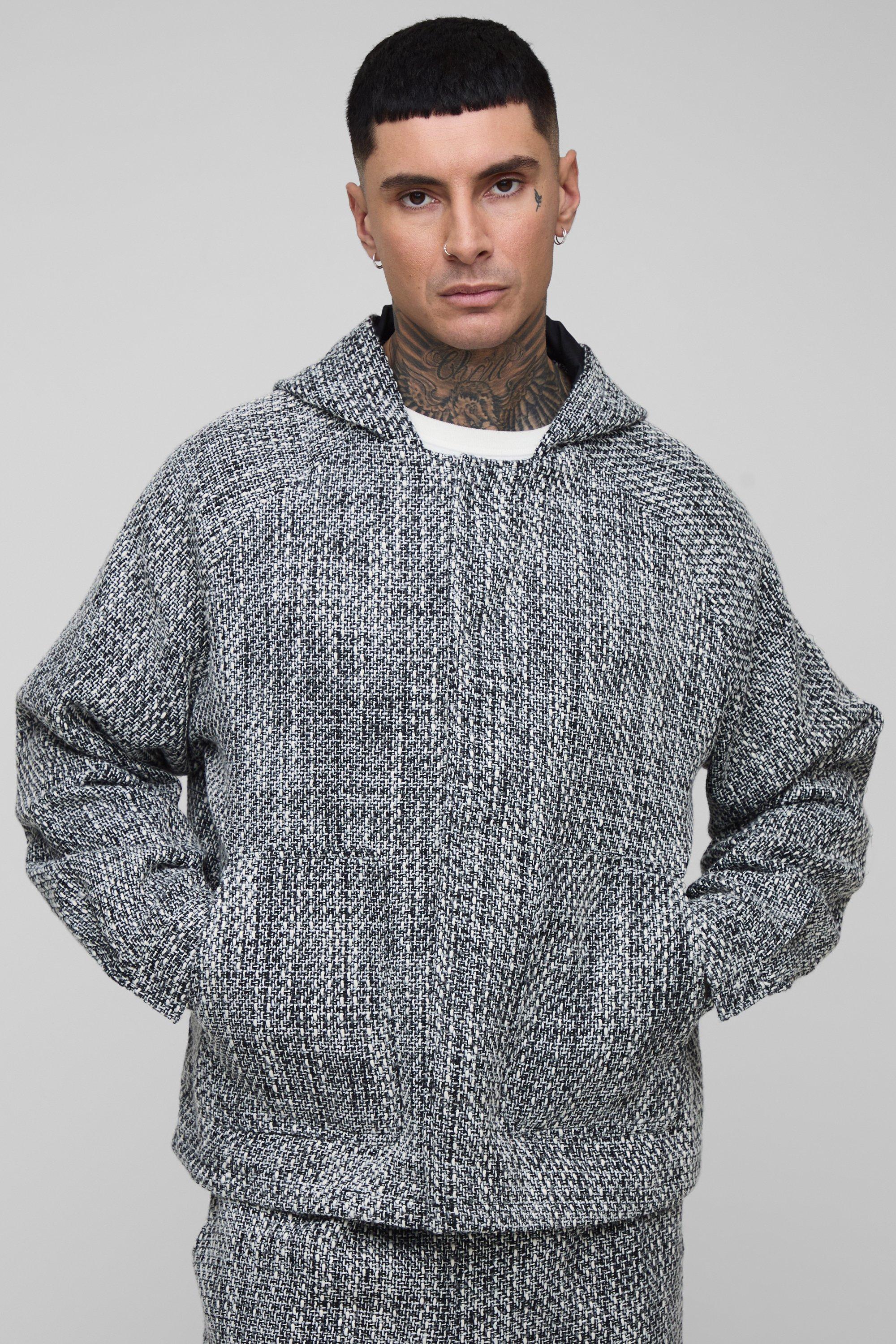 Mens Black Tall Oversized Boucle Zip Up Hooded Jacket, Black