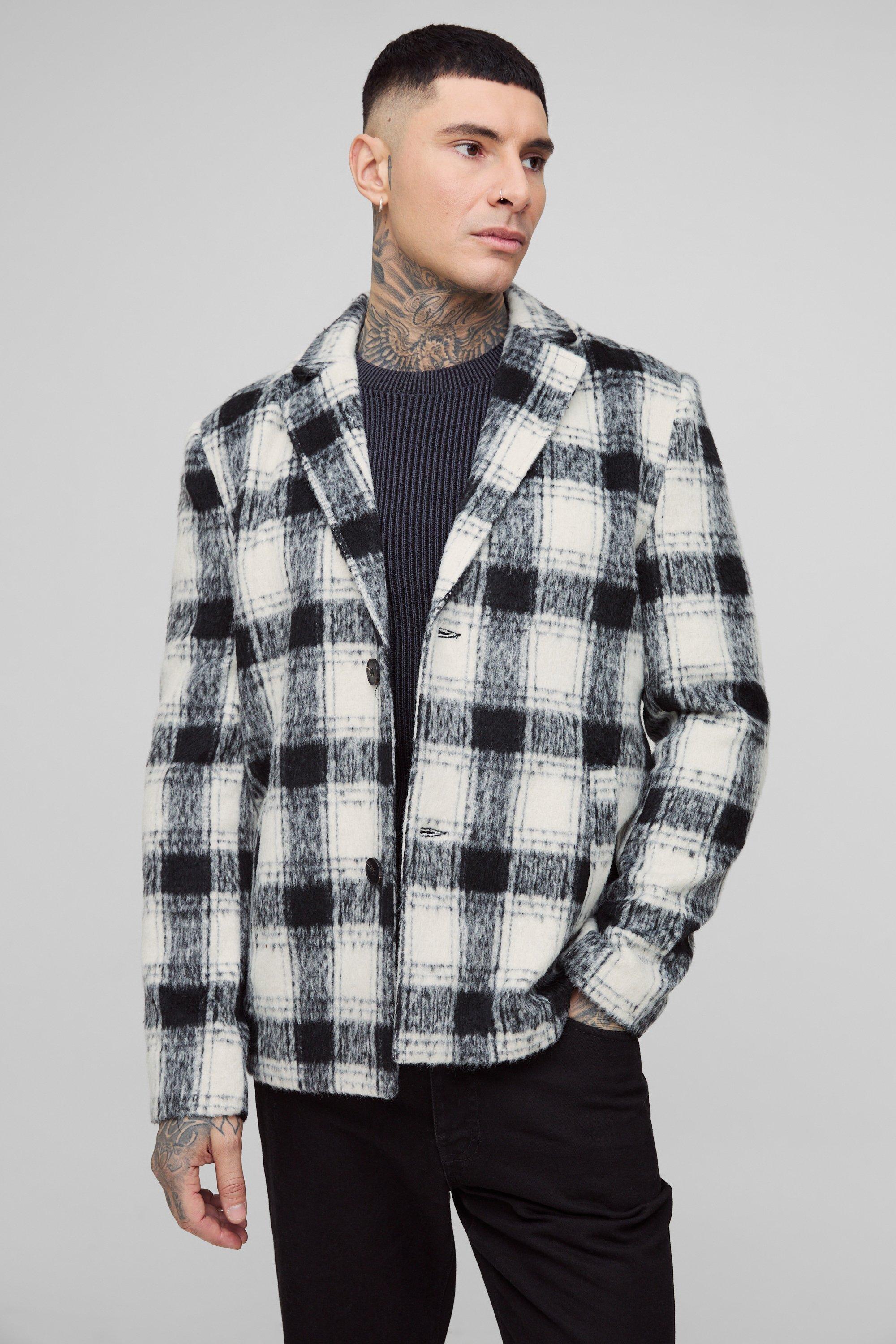 Mens Black Tall Boxy Oversized Brushed Check Overcoat, Black