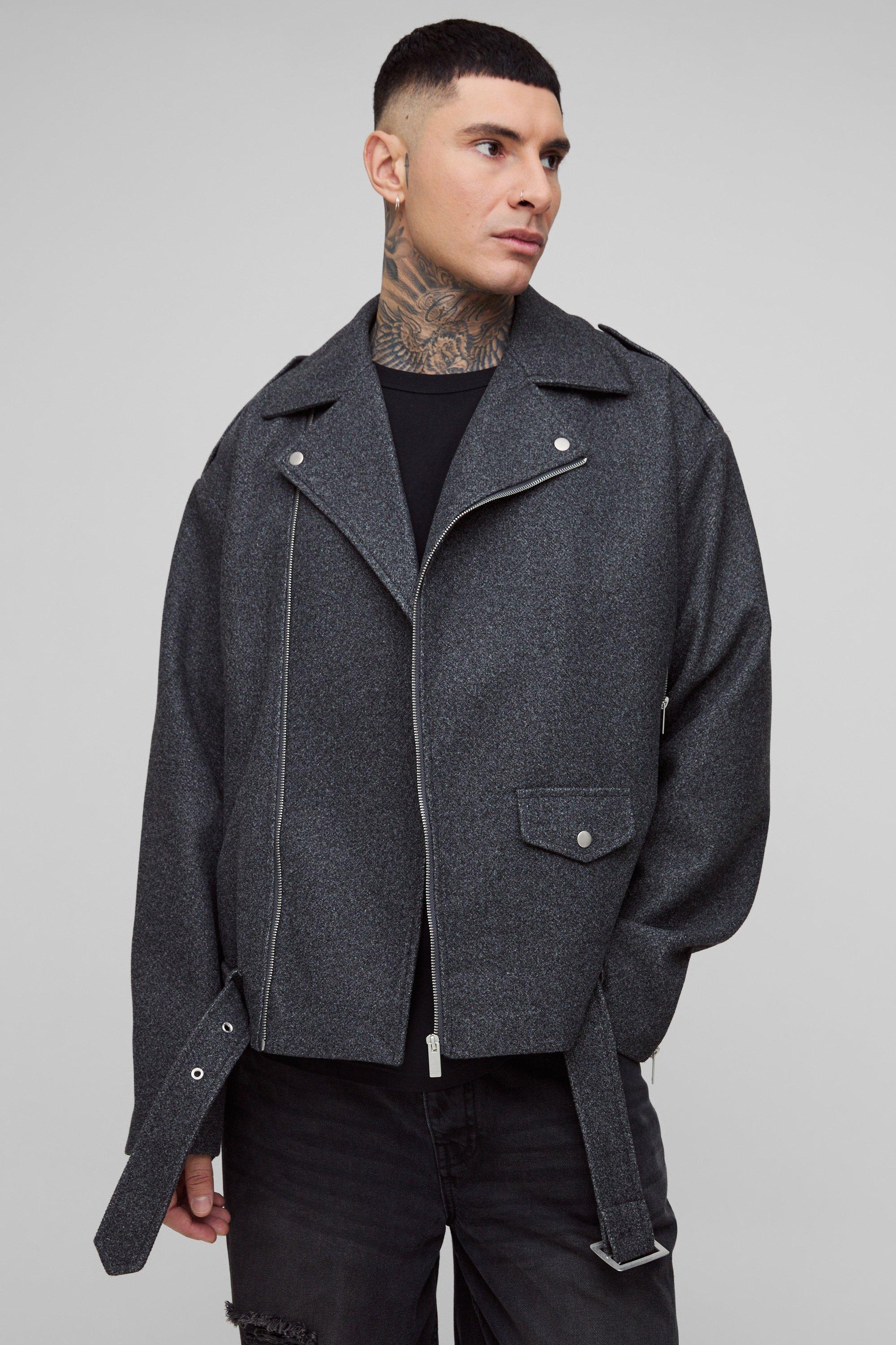 Boohoo Tall Oversized Melton Biker Jas, Charcoal