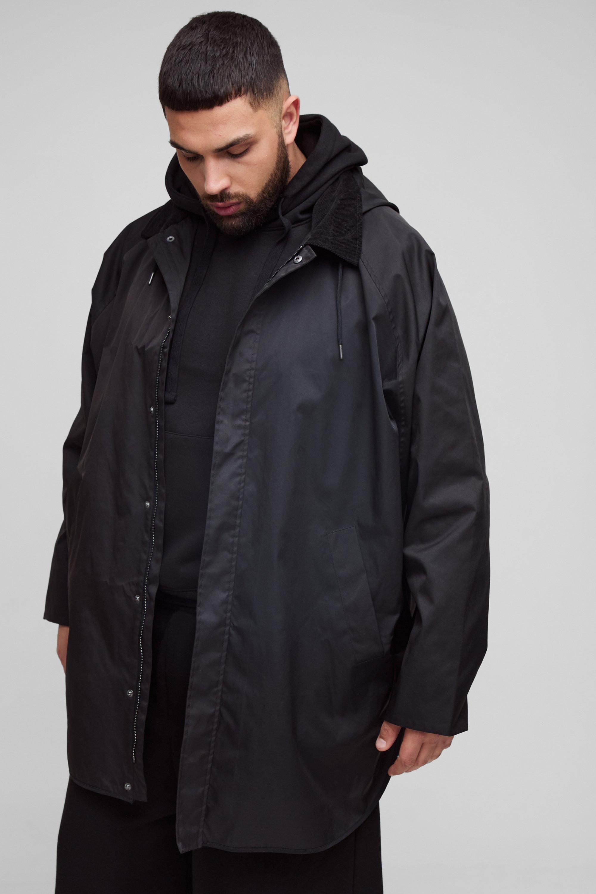 Parka Plus Size con colletto in velluto a coste e cappuccio, Nero