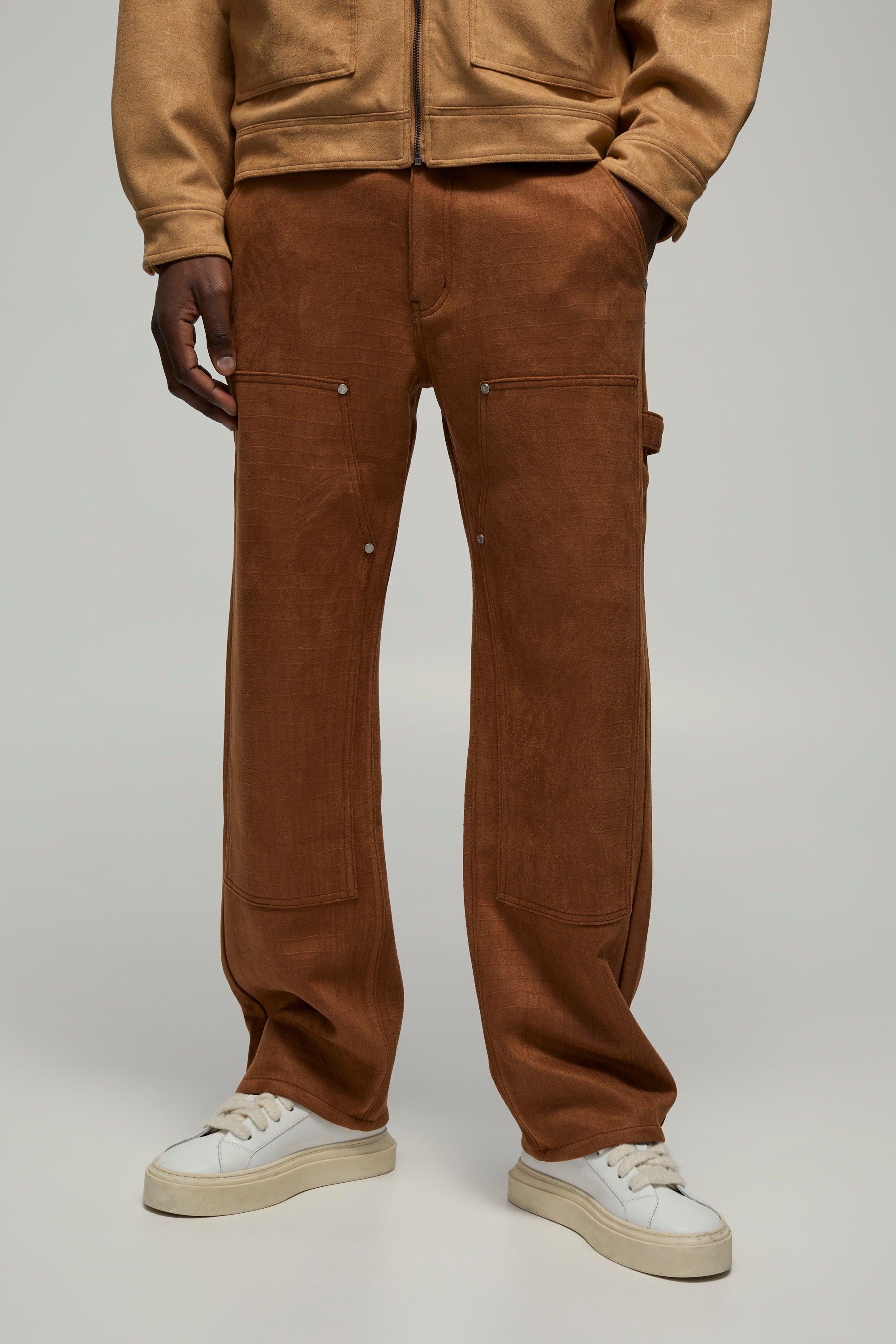 Mens Brown Relaxed Croc Suede Carpenter Trousers, Brown
