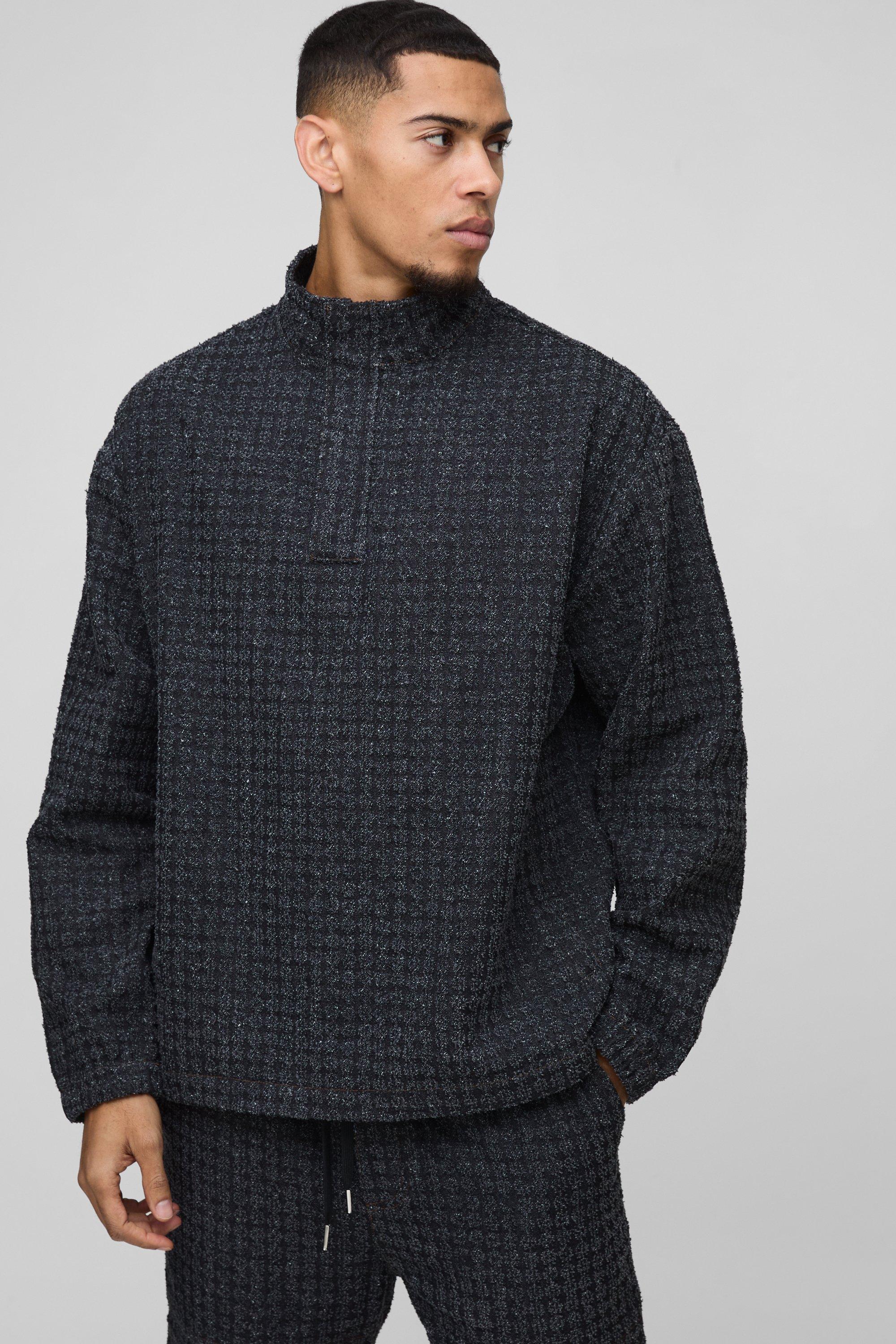 Oversized Textured Funnel Neck Denim Shirt