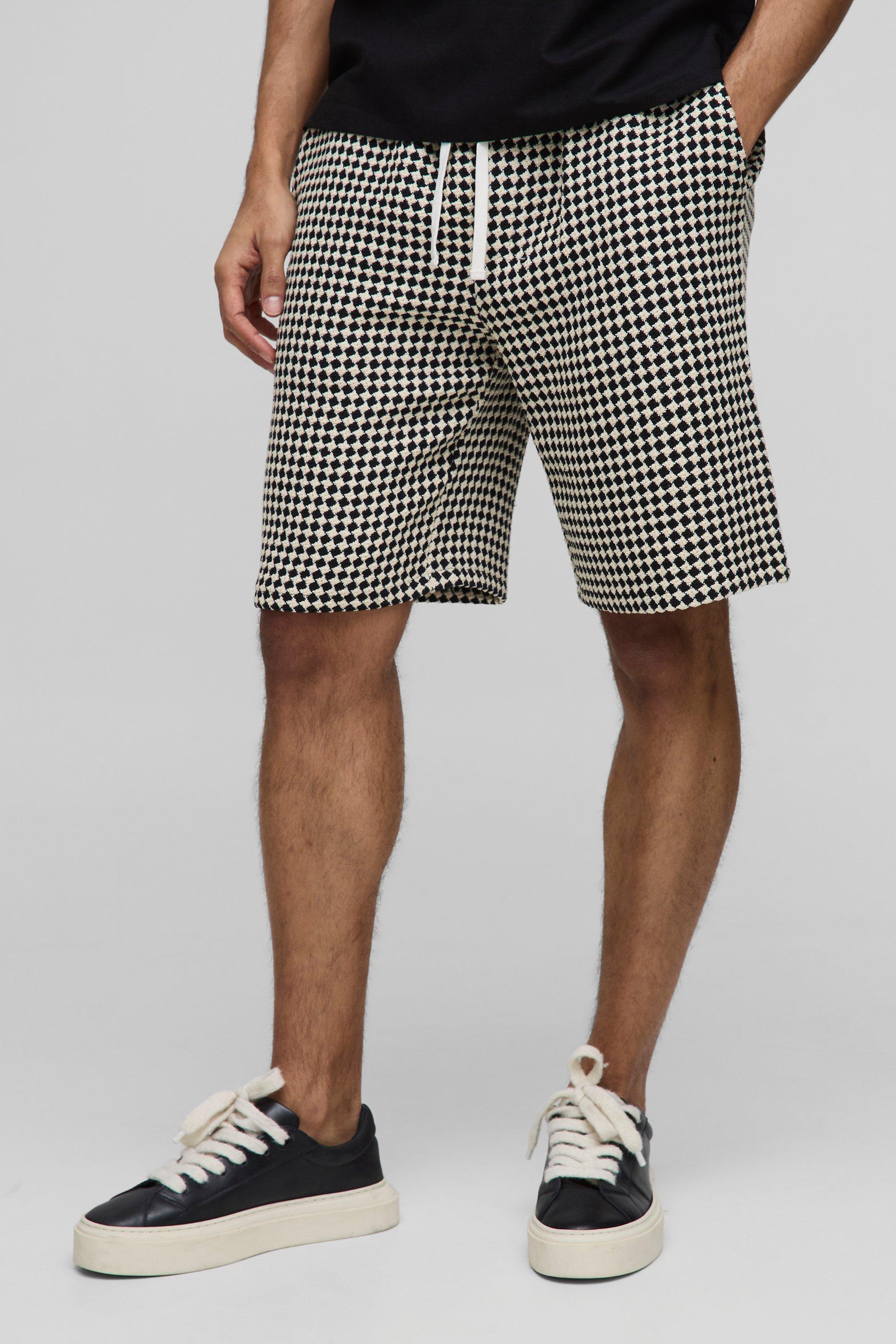 Mens Black Elasticated Relaxed Fit Checkerboard Crochet Shorts, Black