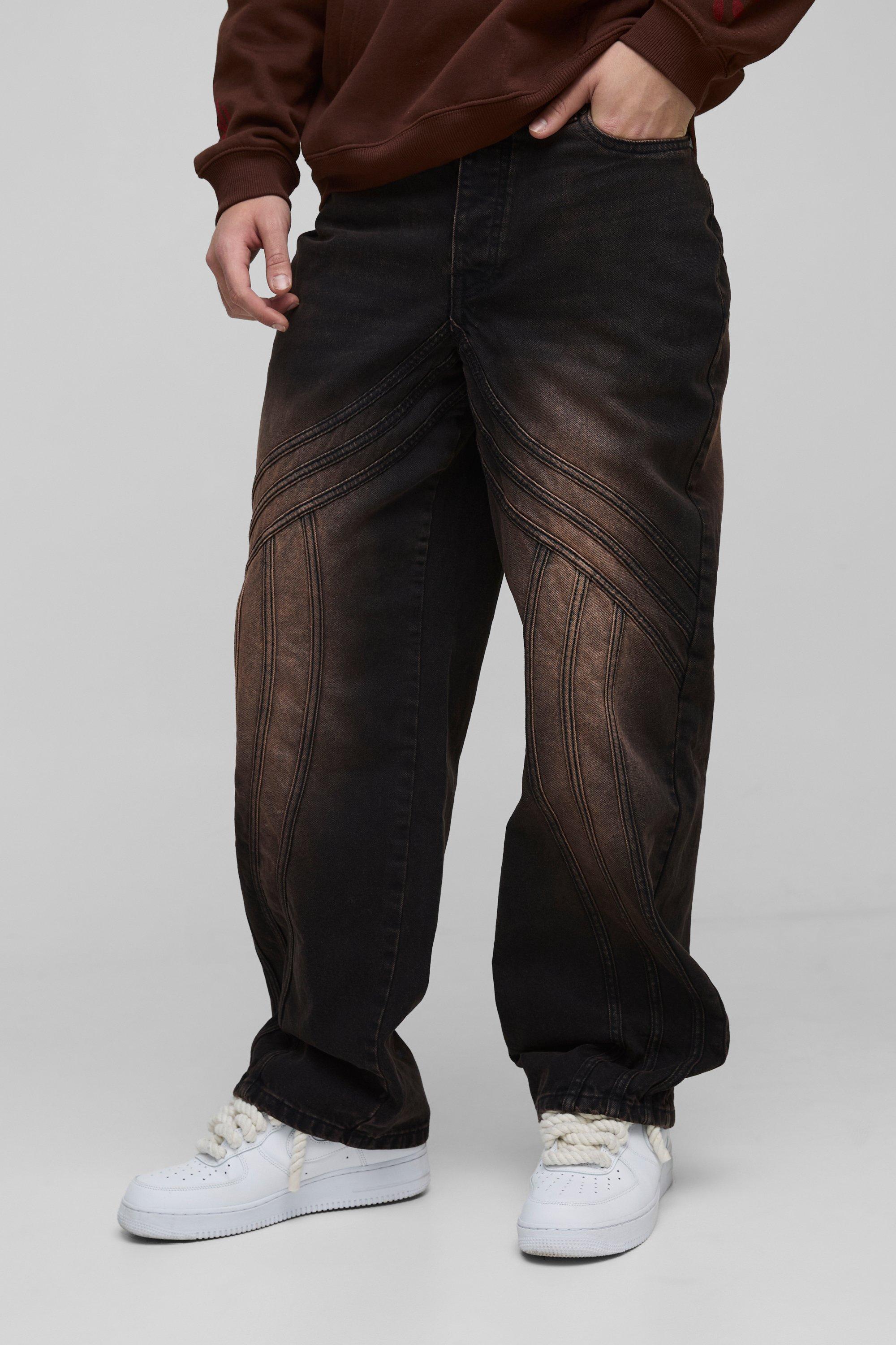 Mens Brown Relaxed Rigid Vintage Look Panelled Denim Jeans, Brown