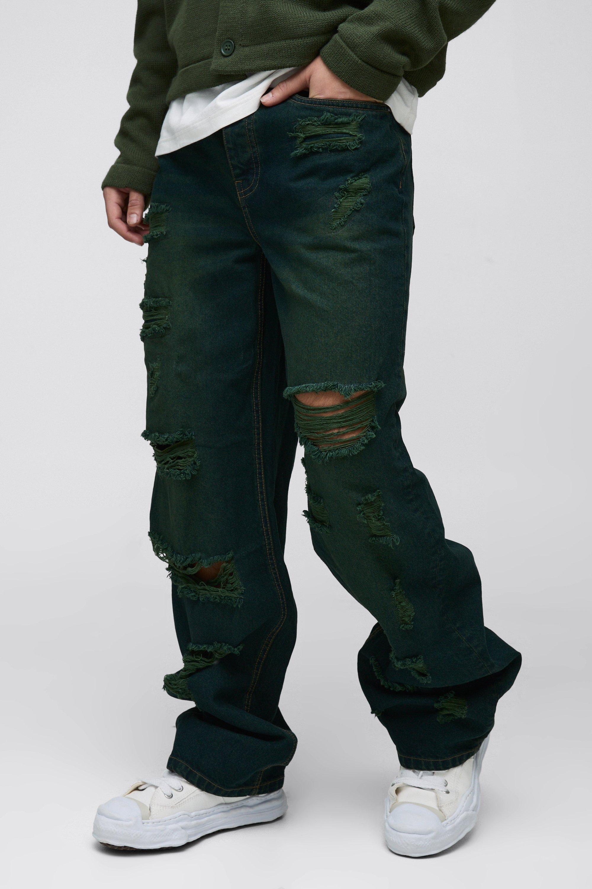 Jeans rilassati in denim slavato rigido con pieghe sul fondo e strappi estremi, Verde