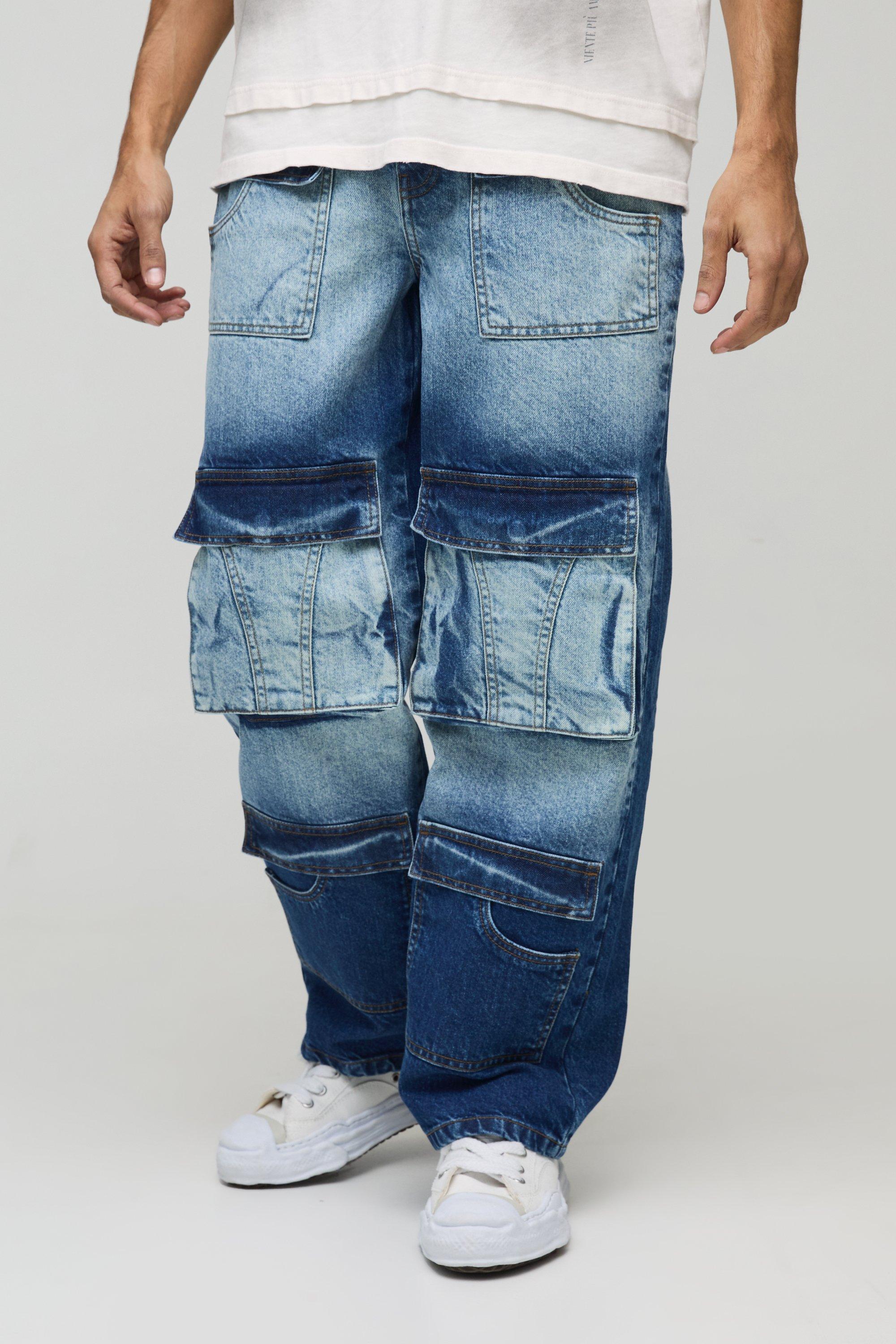 Jeans extra comodi in denim rigido con tasche Cargo, Azzurro