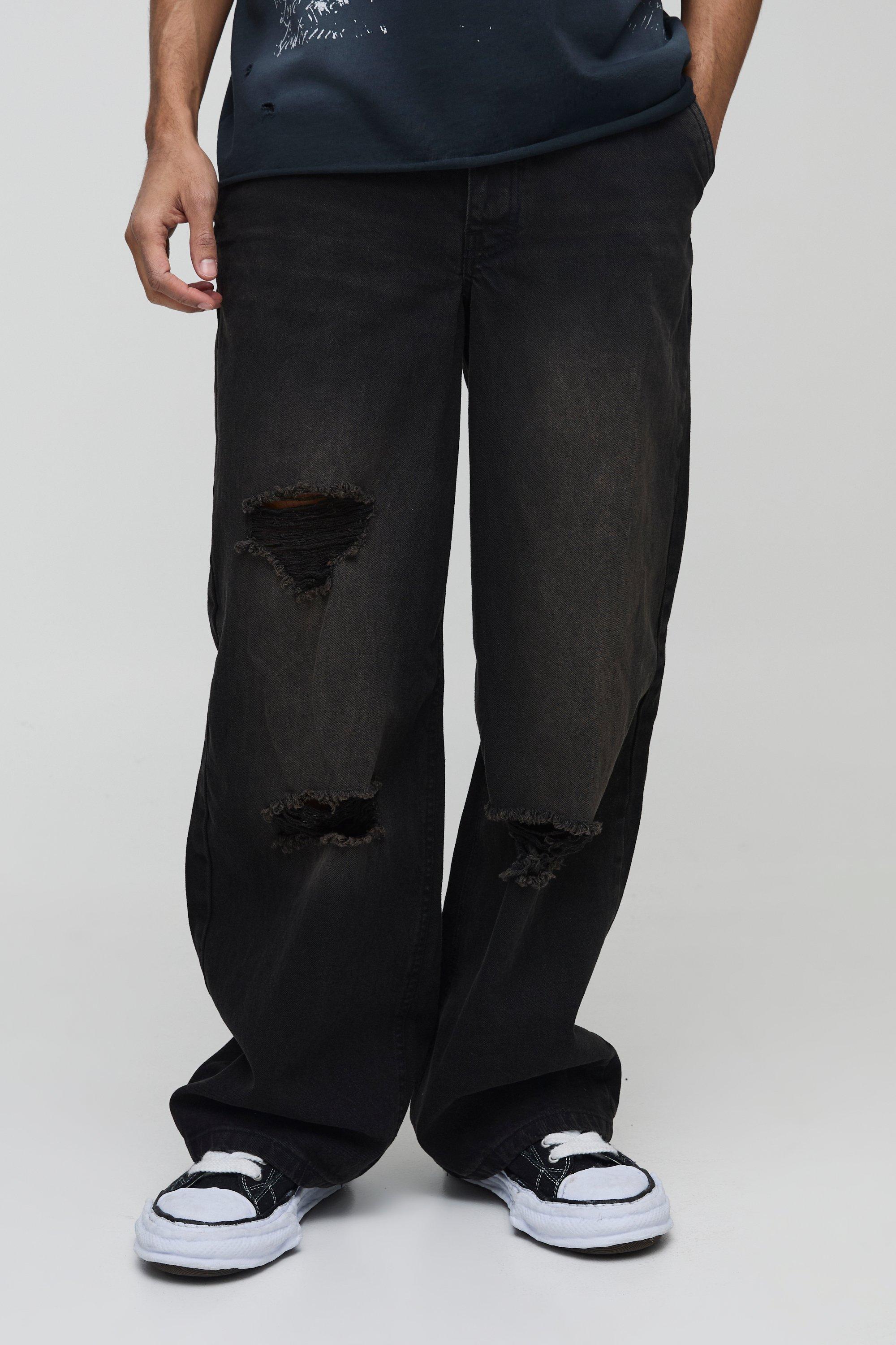 Jeans Boxer extra comodi in denim rigido con strappi e fascia in vita, Brown