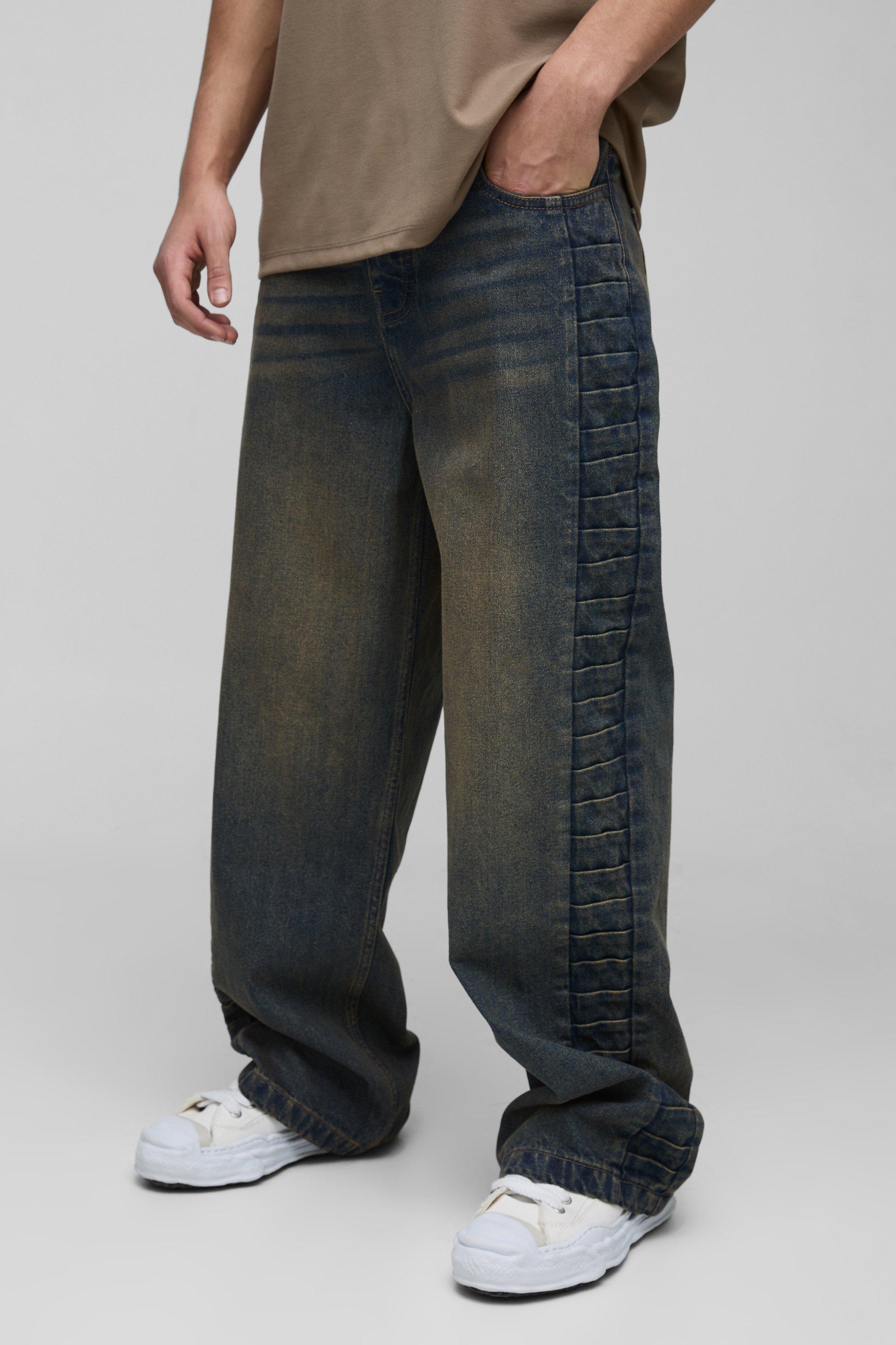 Mens Grey Wide Leg Rigid Pleated Panel Denim Jeans, Grey