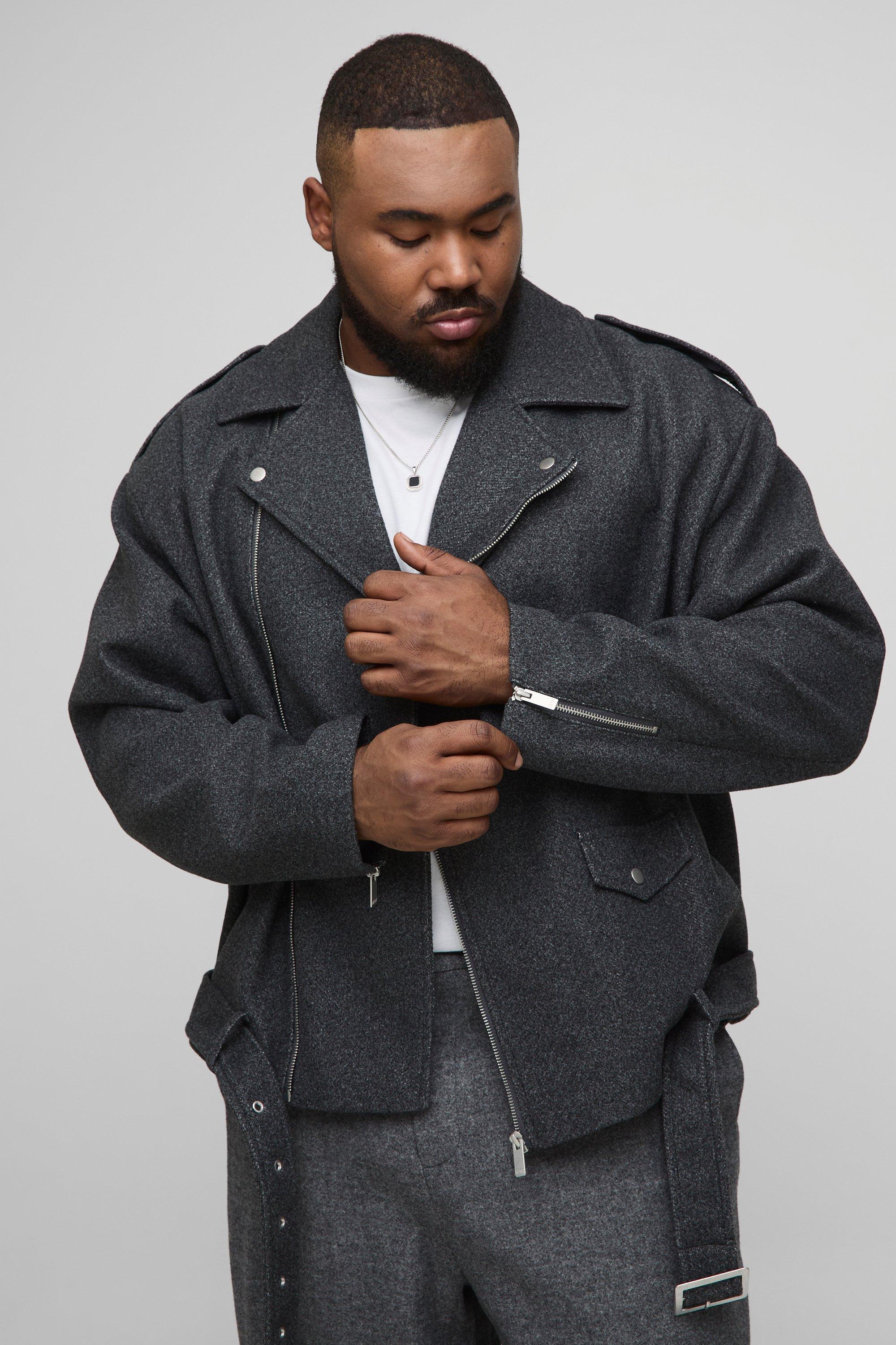 Boohoo Plus Oversized Melton Biker Jas, Charcoal