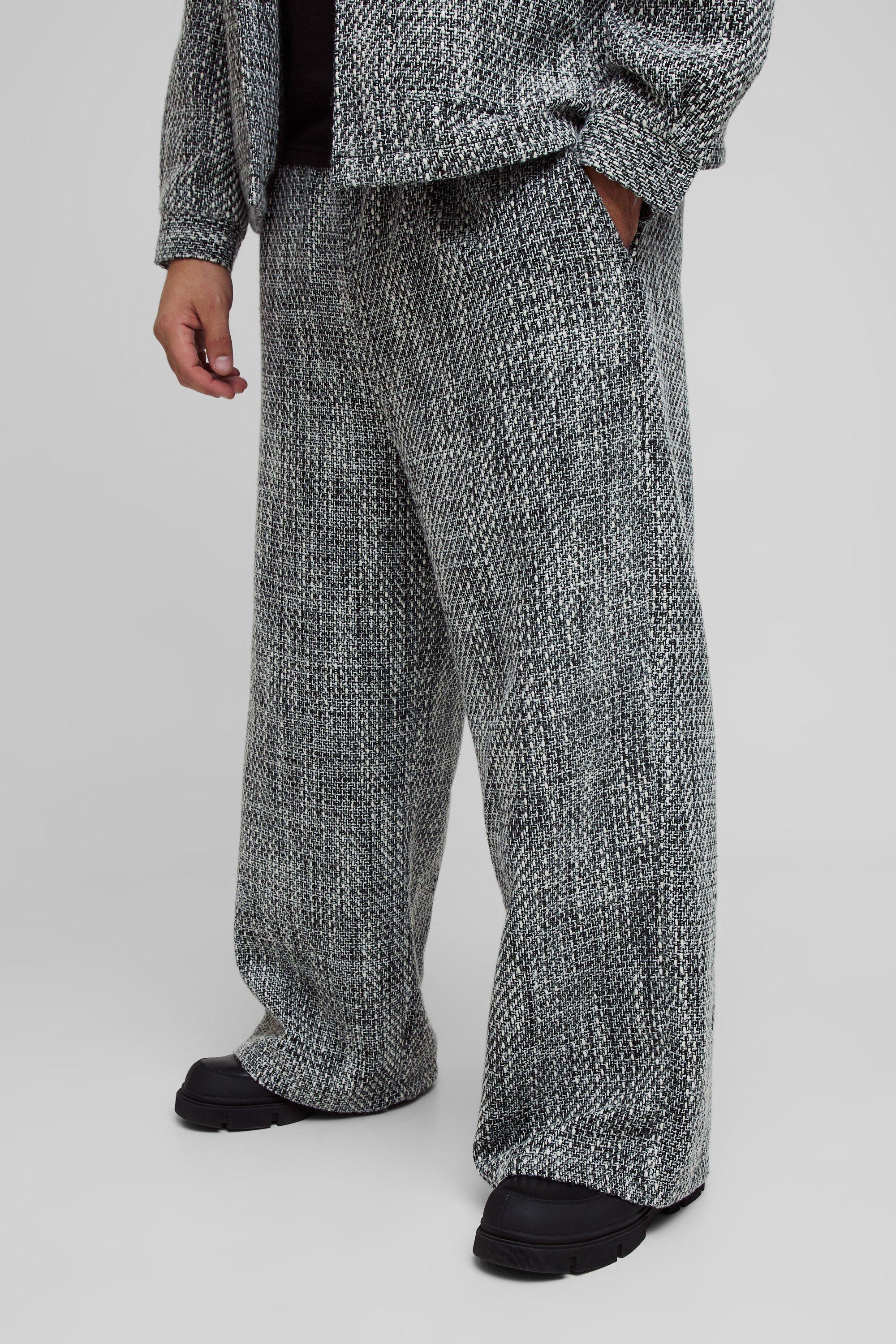 Mens Black Plus Boucle Elasticated Waist Wide Leg Trousers, Black