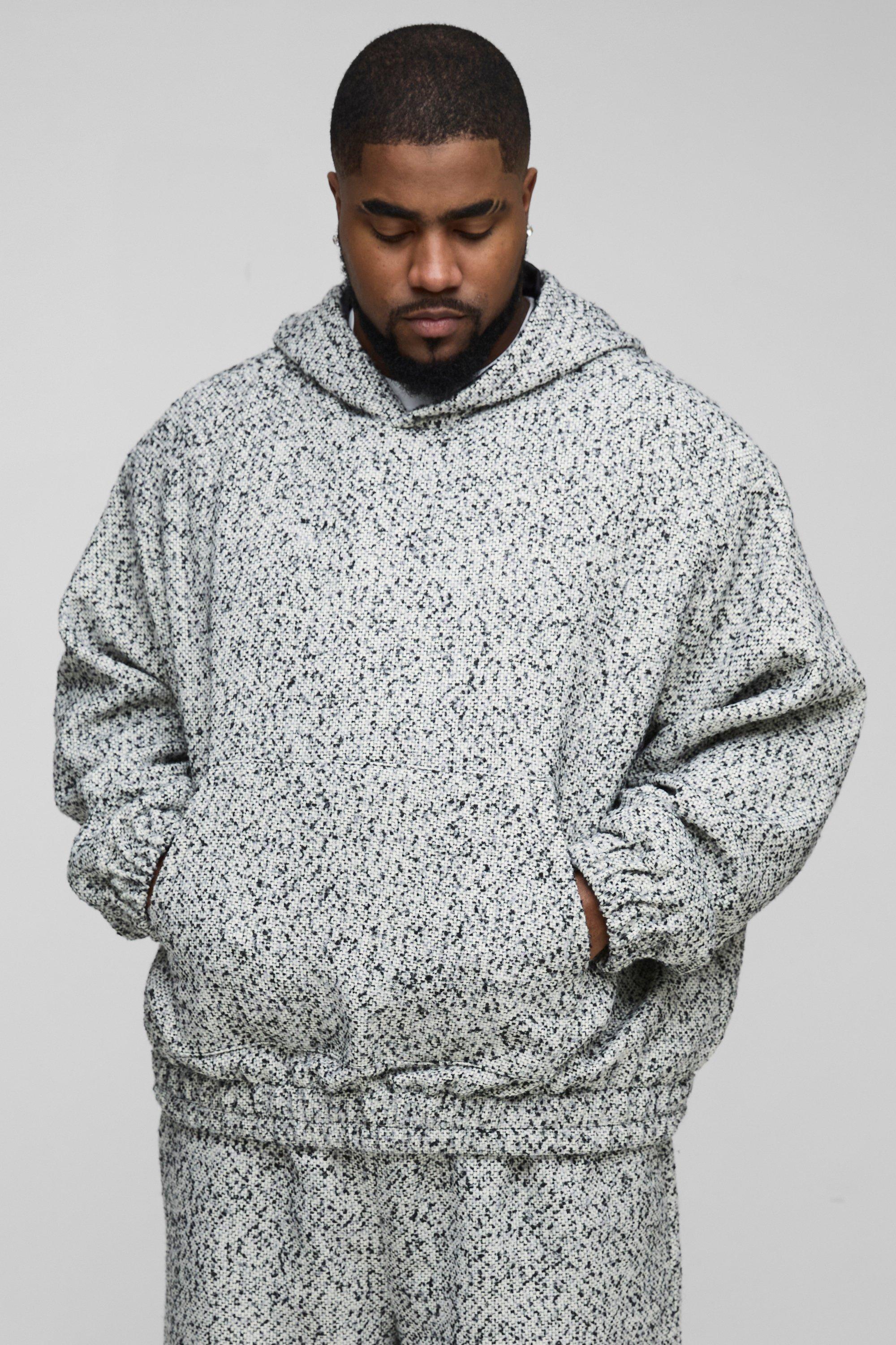 Mens Black Plus Boucle Boxy Oversized Hoodie, Black