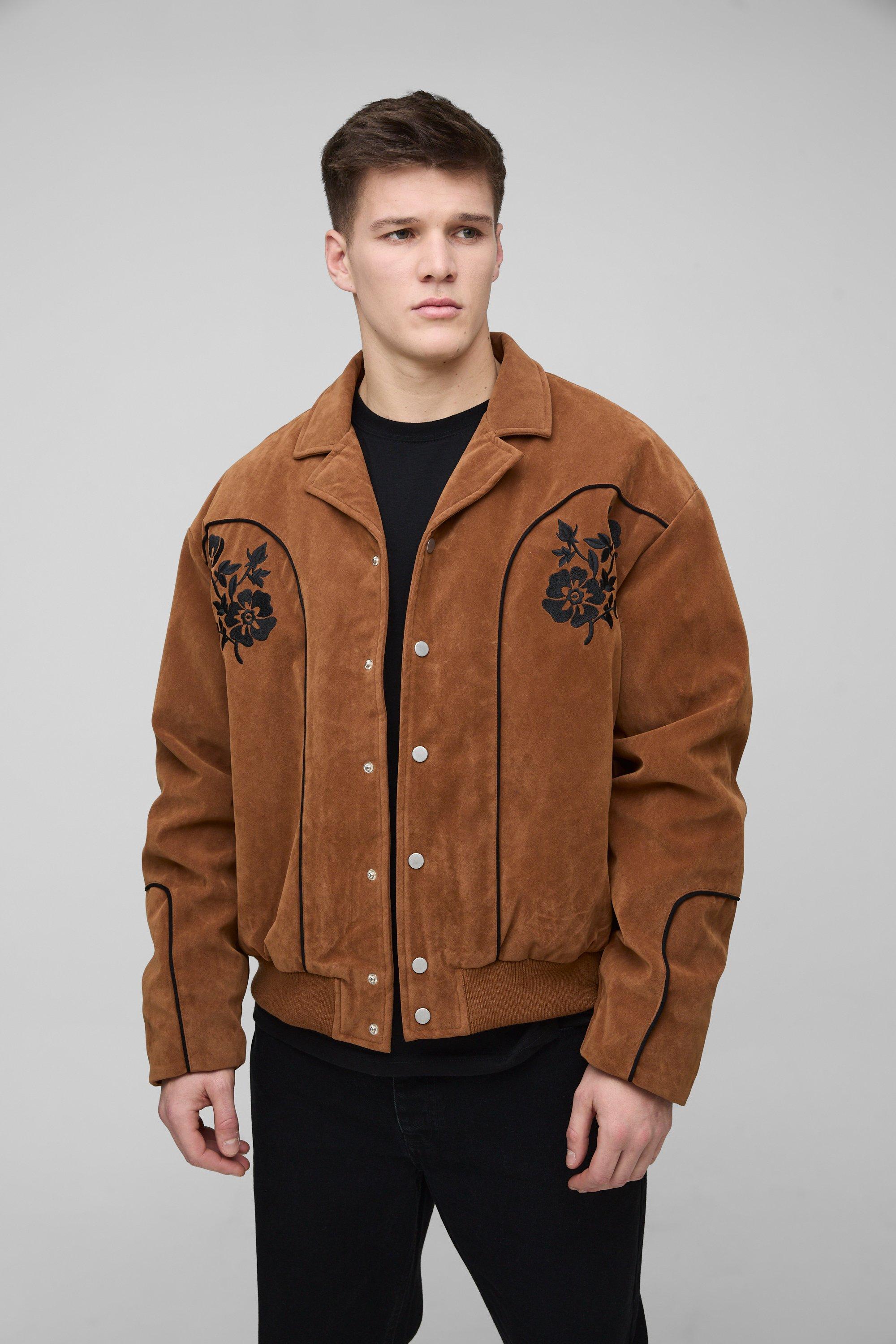 Mens Brown Tall Faux Suede Embroidered Oversized Boxy Fit Western Jacket, Brown
