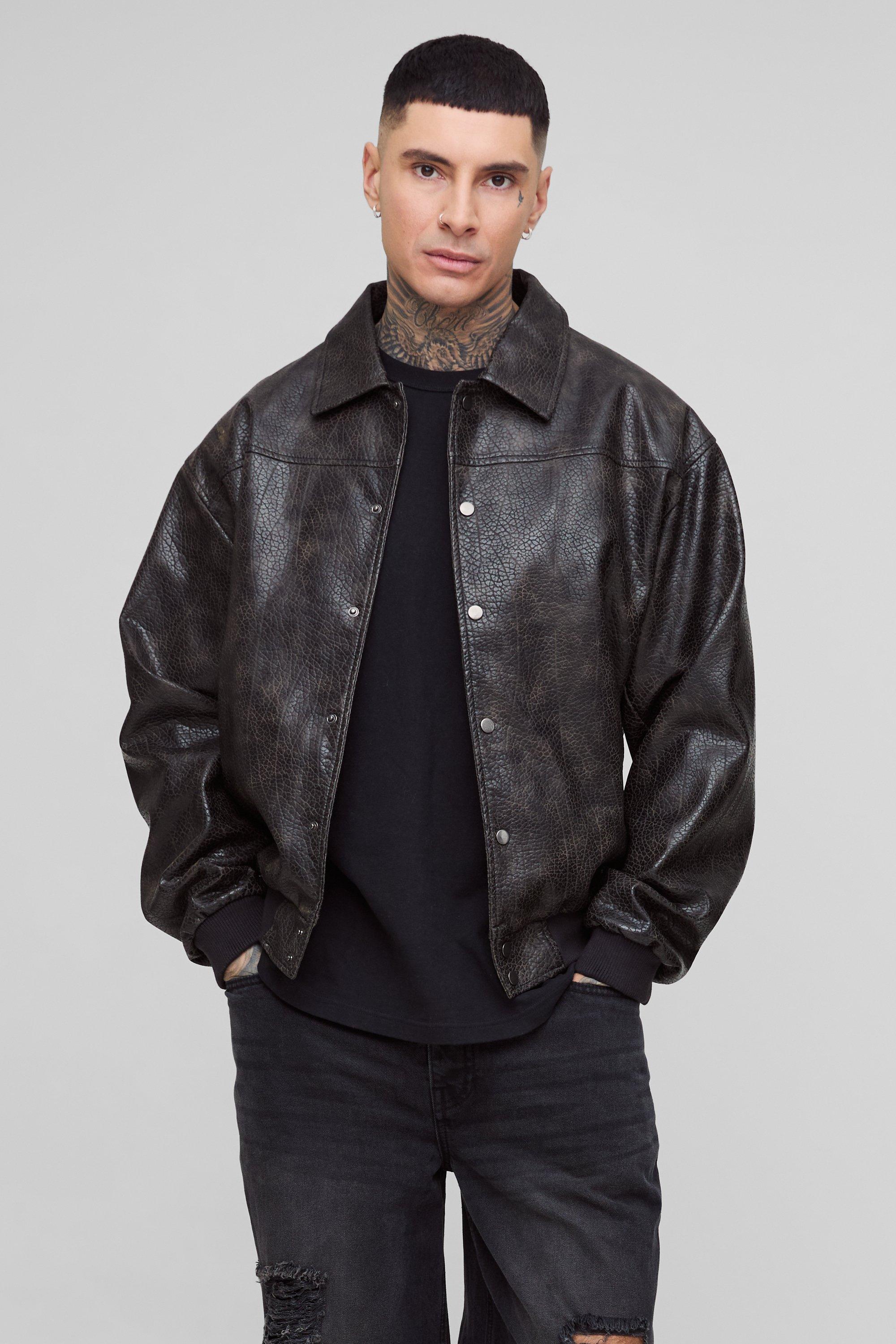 Mens Black Tall Embossed PU Boxy Harrington Jacket, Black