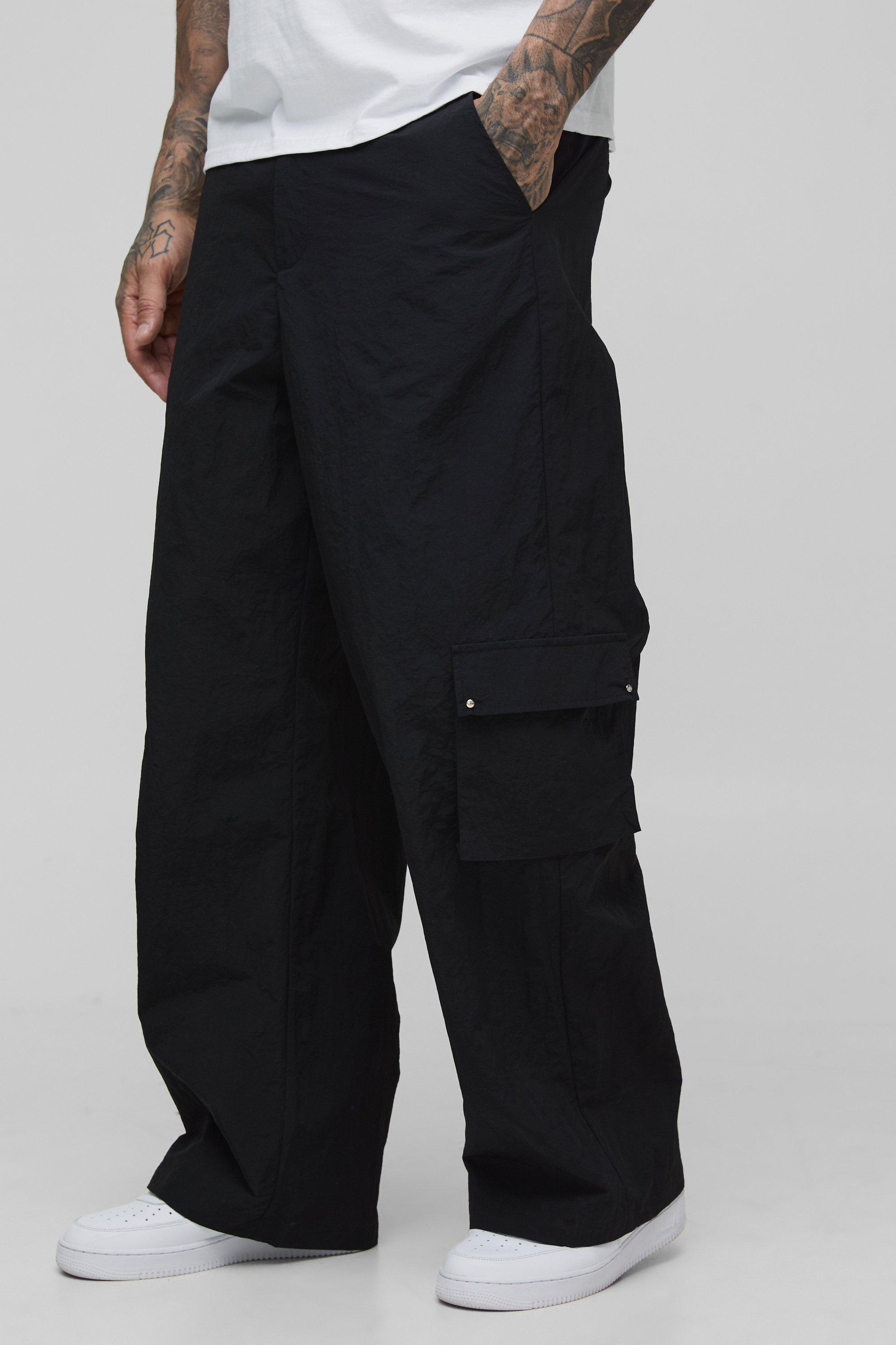 Boohoo Tall Gekreukelde Nylon Wide Leg Cargo Broek, Black