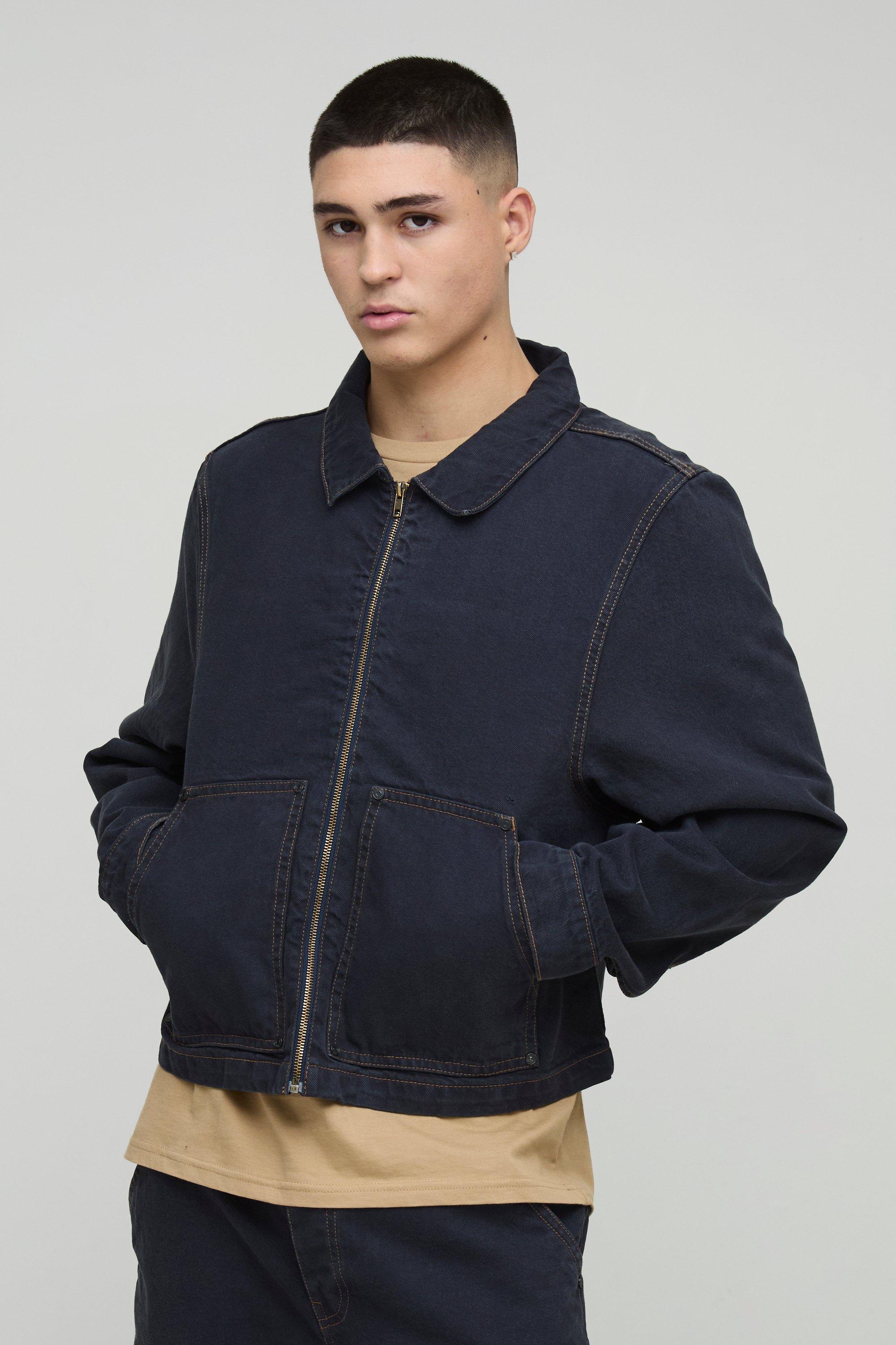 Giacca Harrington in denim stile Carpenter con cuciture a contrasto, Azzurro