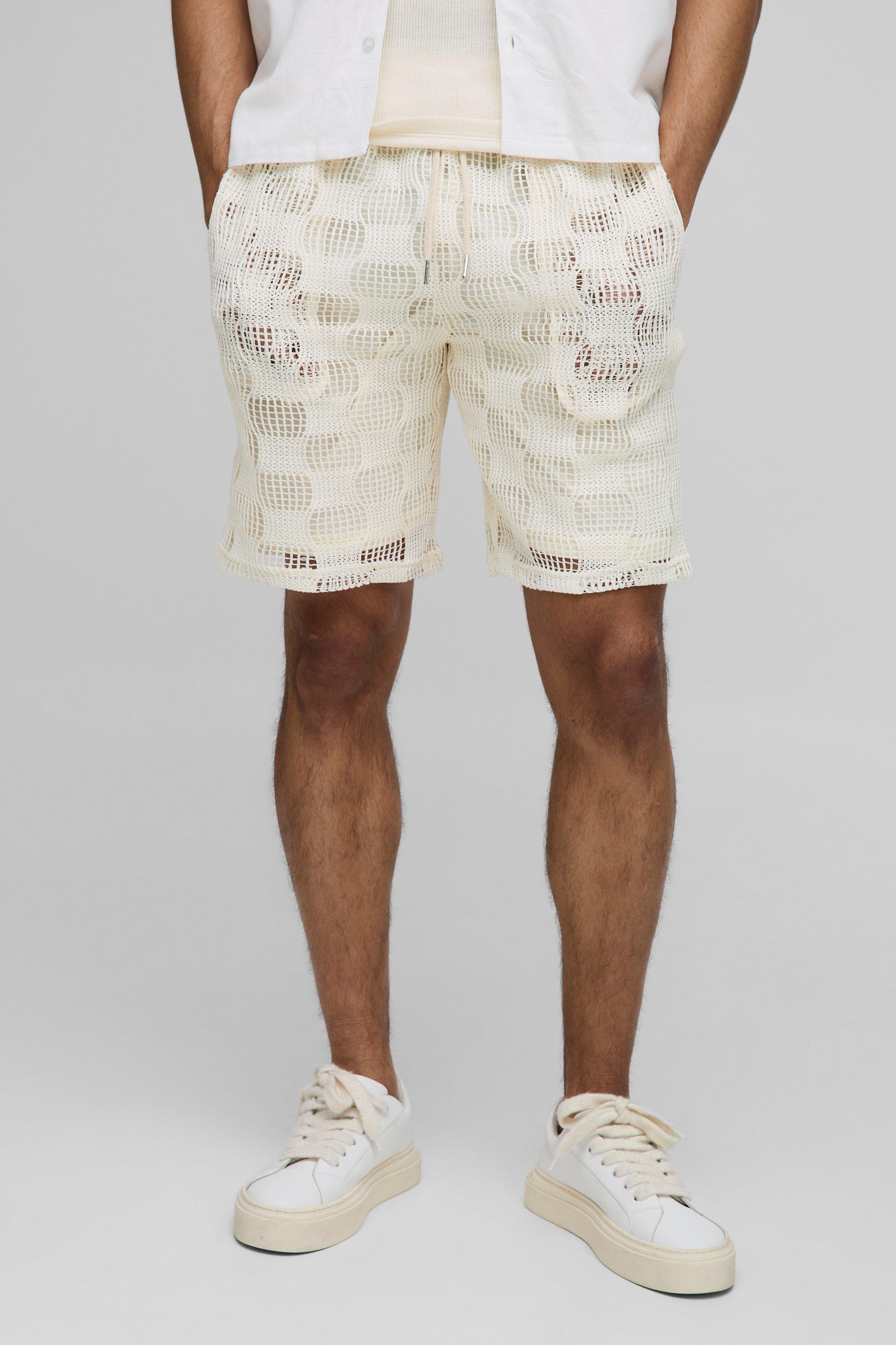 Mens Cream Elasticated Relaxed Fit Checkerboard Open Stitch Shorts, Cream