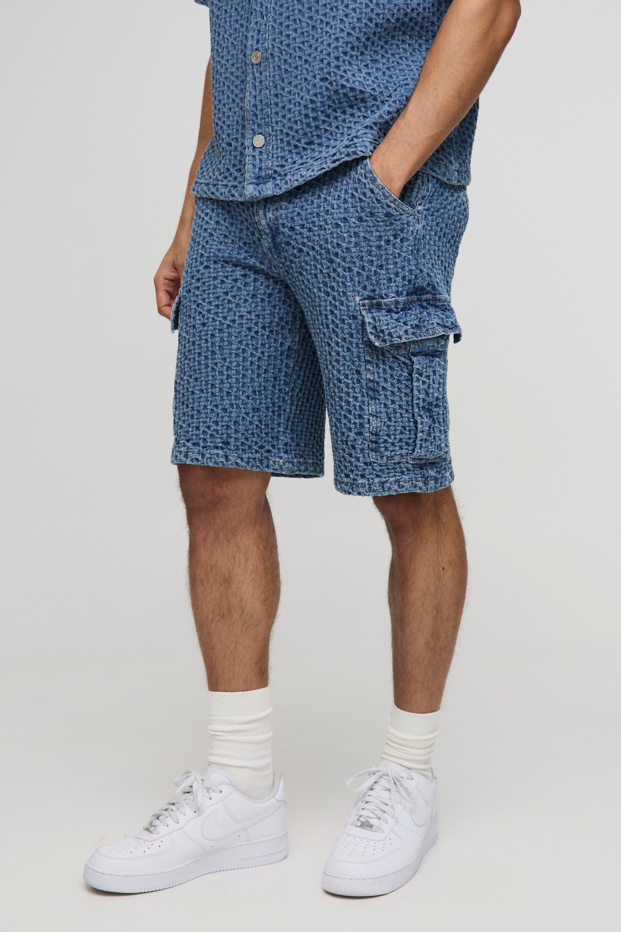 Pantaloncini Cargo rilassati in denim con trama, Azzurro