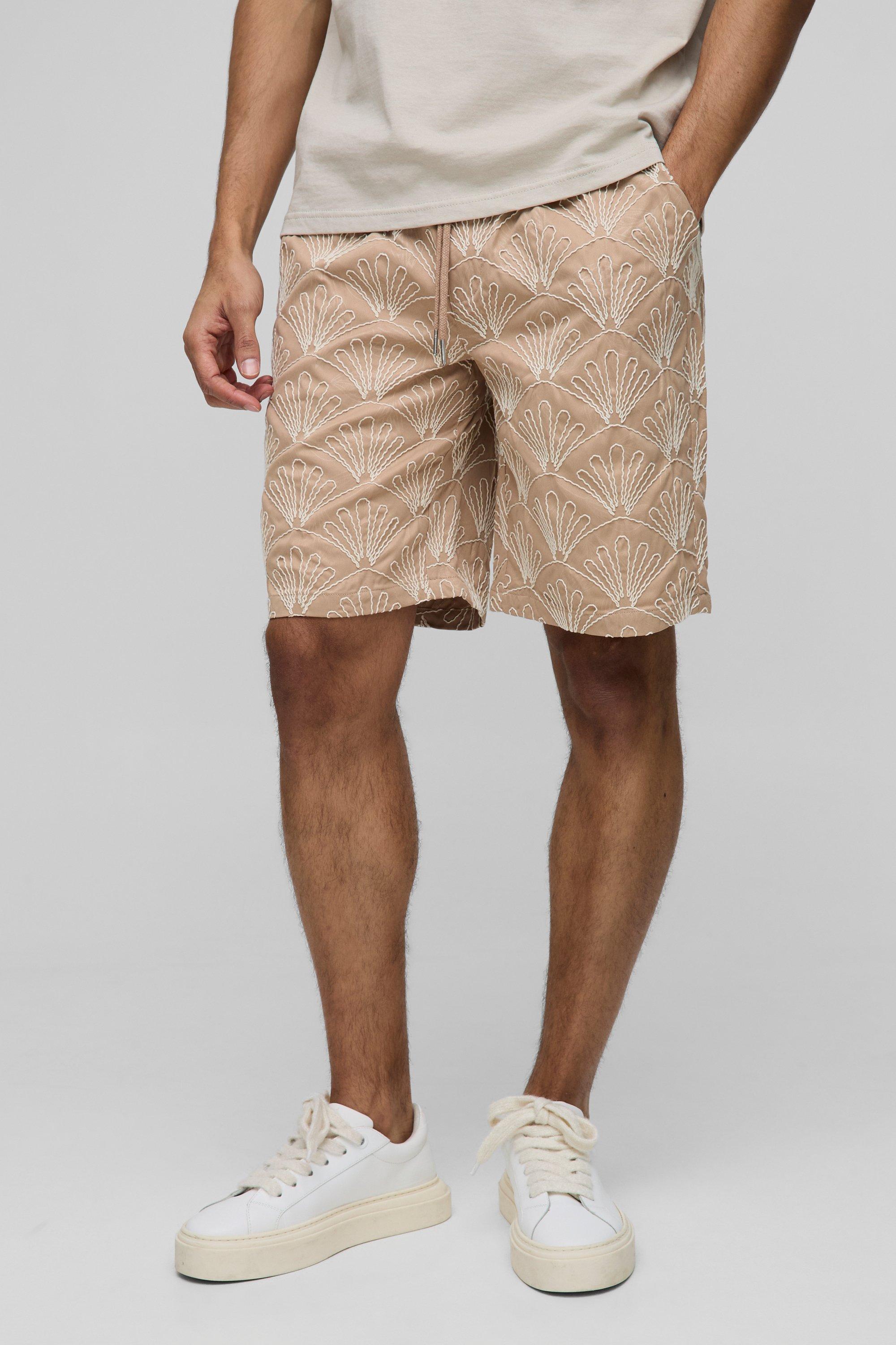 Pantaloncini rilassati elasticizzati con ricami in 3D, Beige