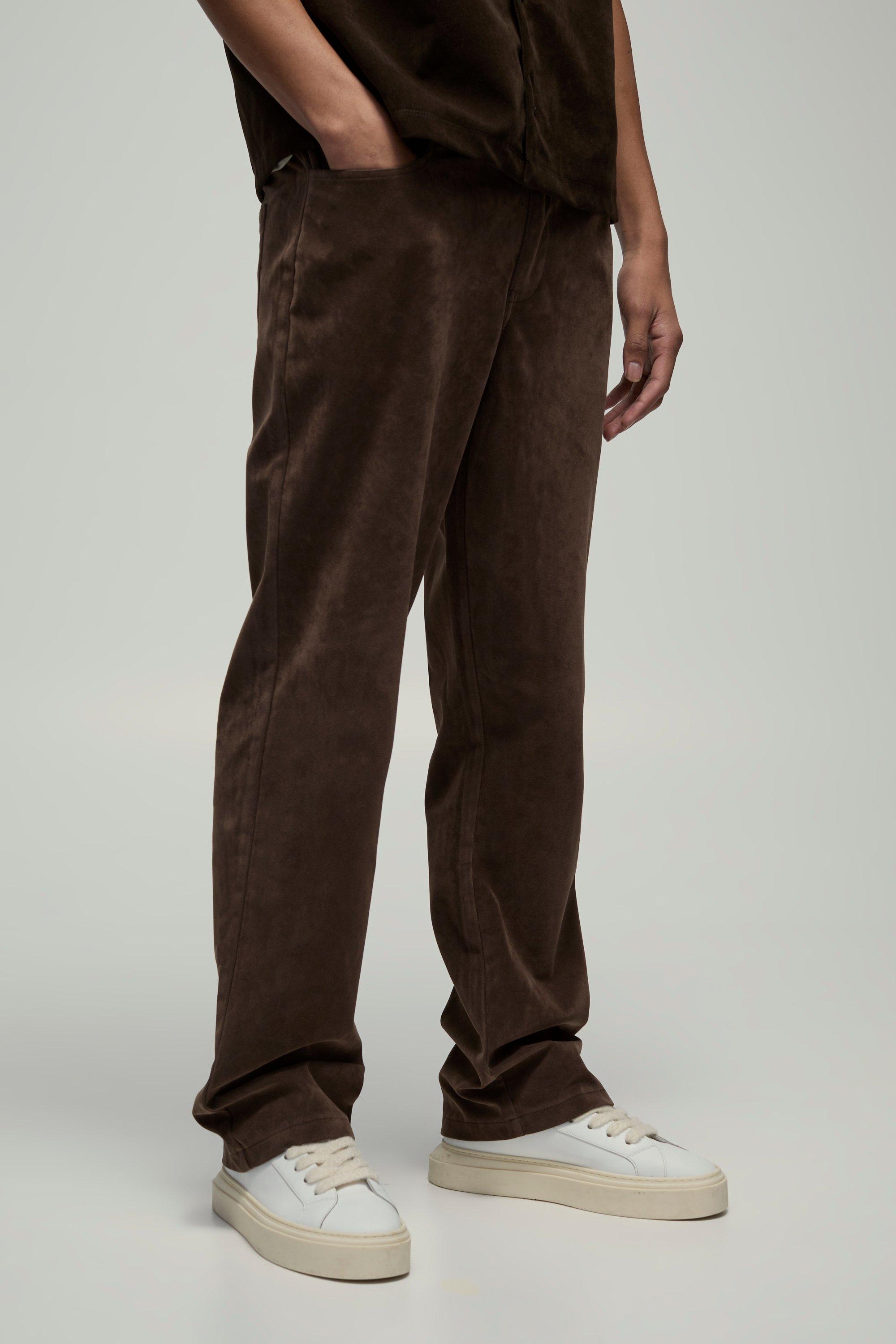 Pantaloni Dritti Pesanti In Scamosciato Con Vita Fissa, Brown